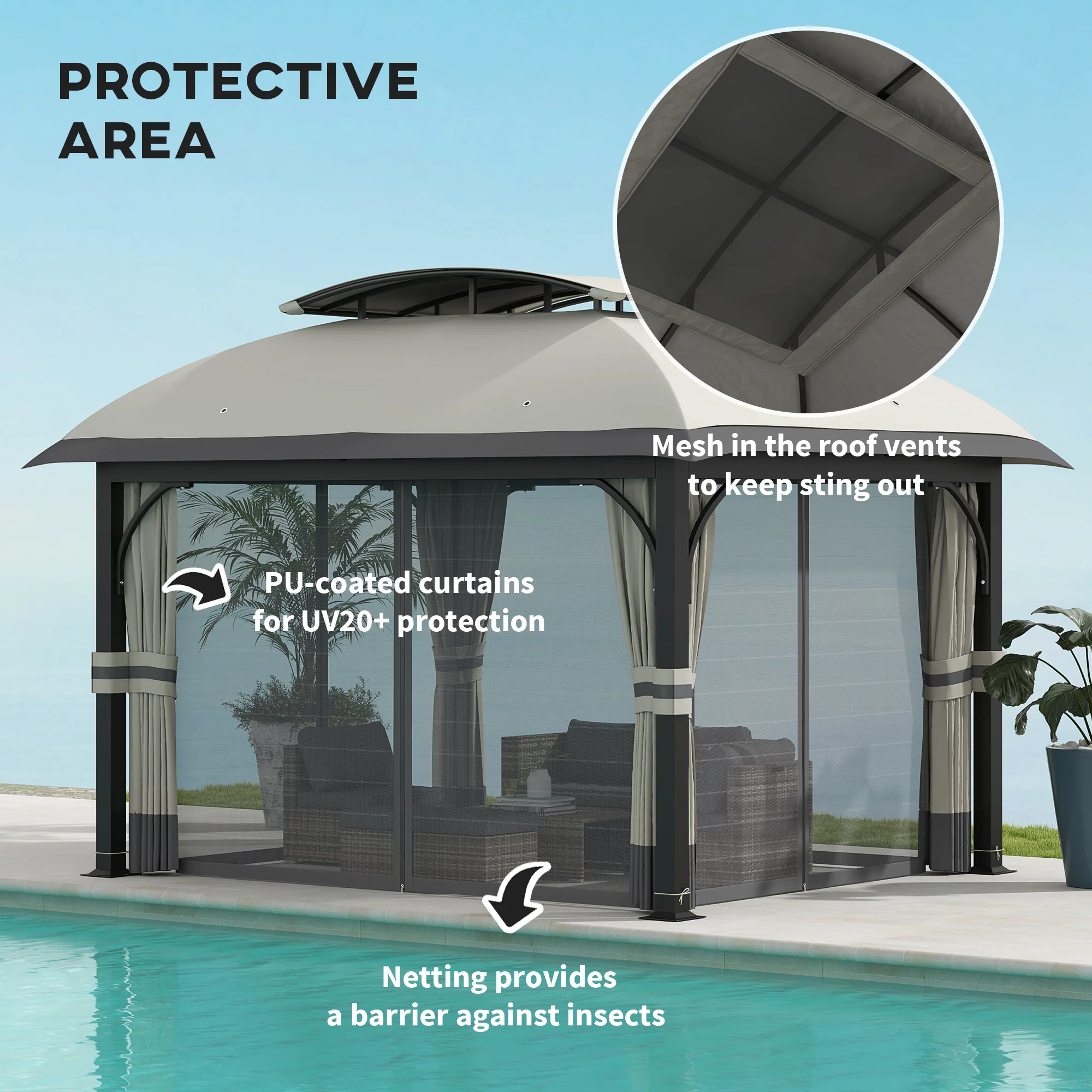 11' x 13' Double Roof Gazebo with Netting & Galvanized Frame, Light Grey - Image 7
