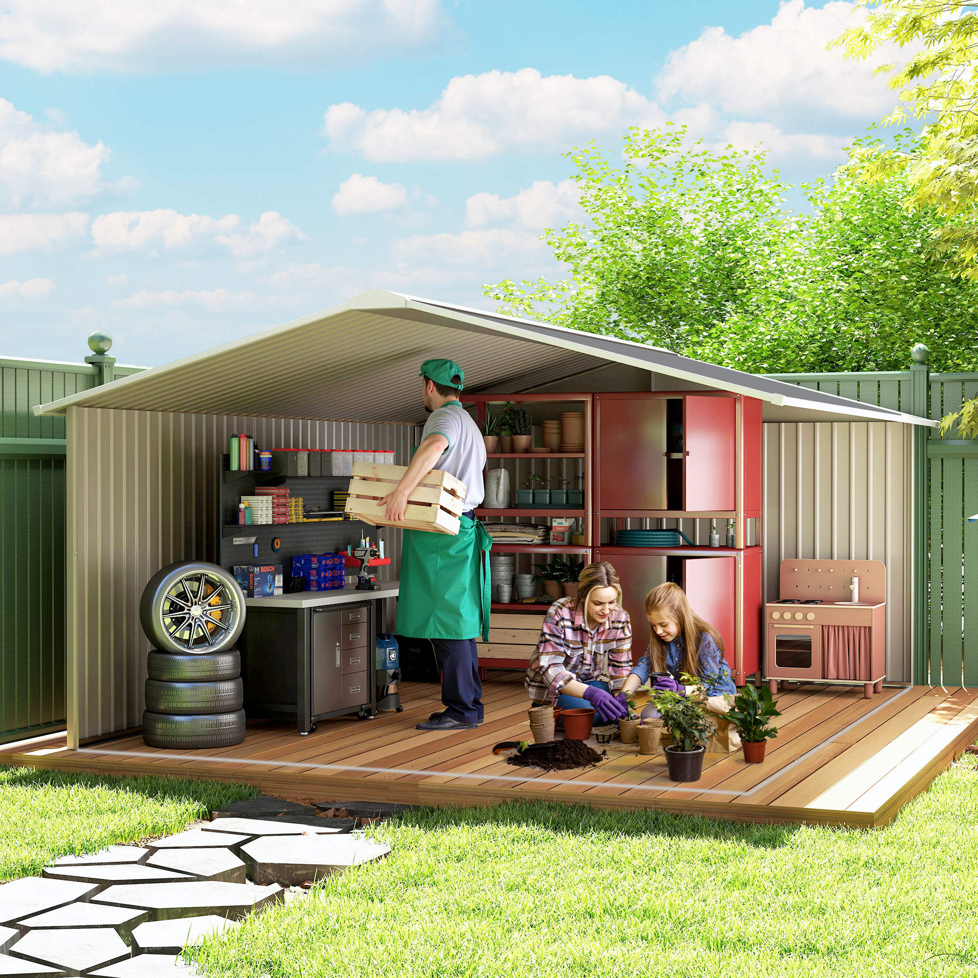 EverBase 11' x 13' Metal Garden Storage Shed with Foundation Kit & Double Doors, Grey - Image 11