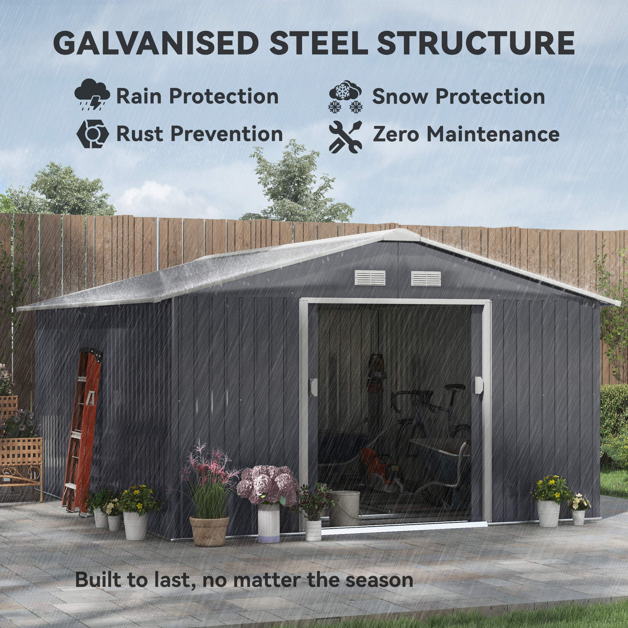 EverBase 11' x 13' Metal Garden Storage Shed with Foundation Kit & Double Doors, Grey - Image 6