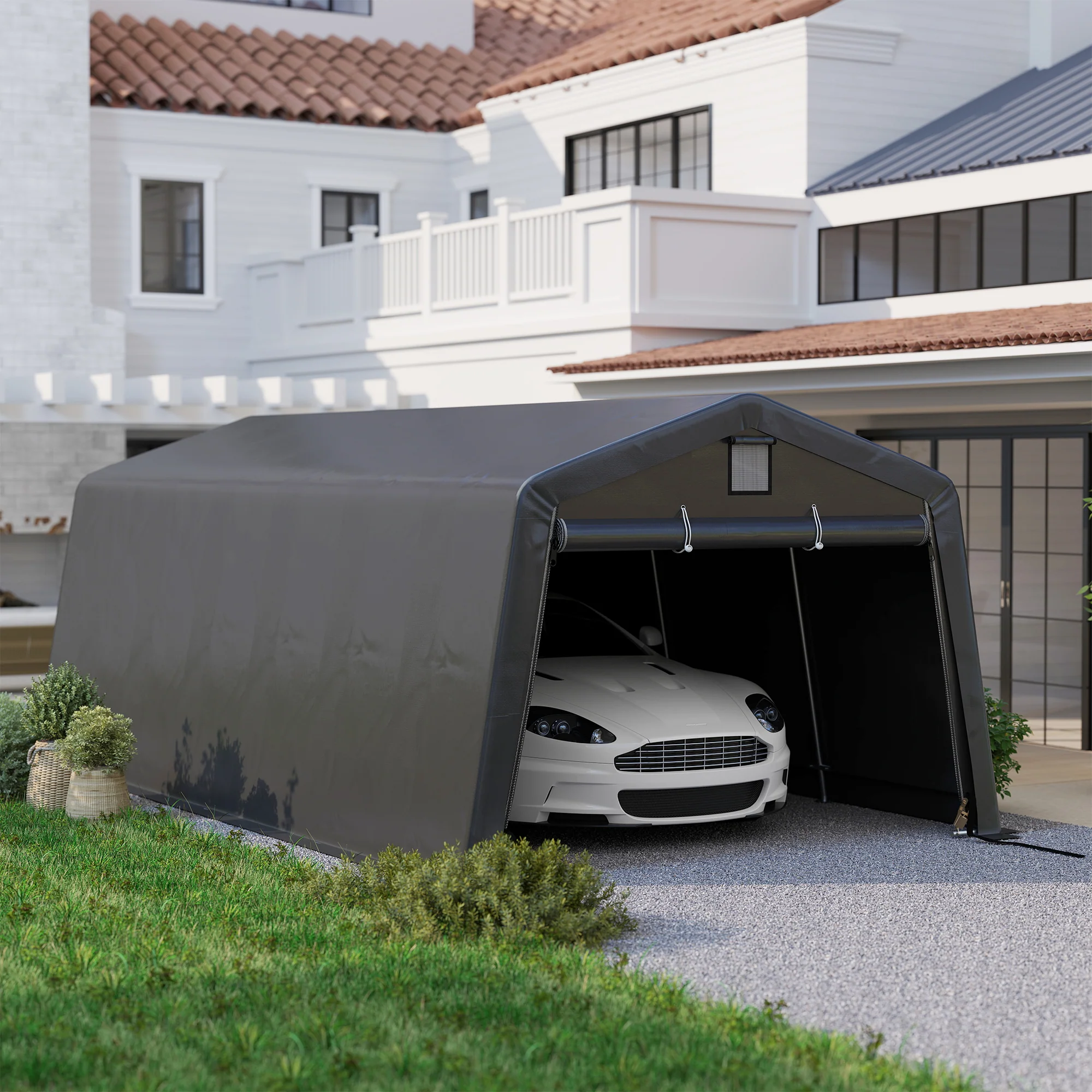 11' x 20' Heavy Duty Carport with 2 Ventilation Windows and Large Door, Dark Grey - Image 11