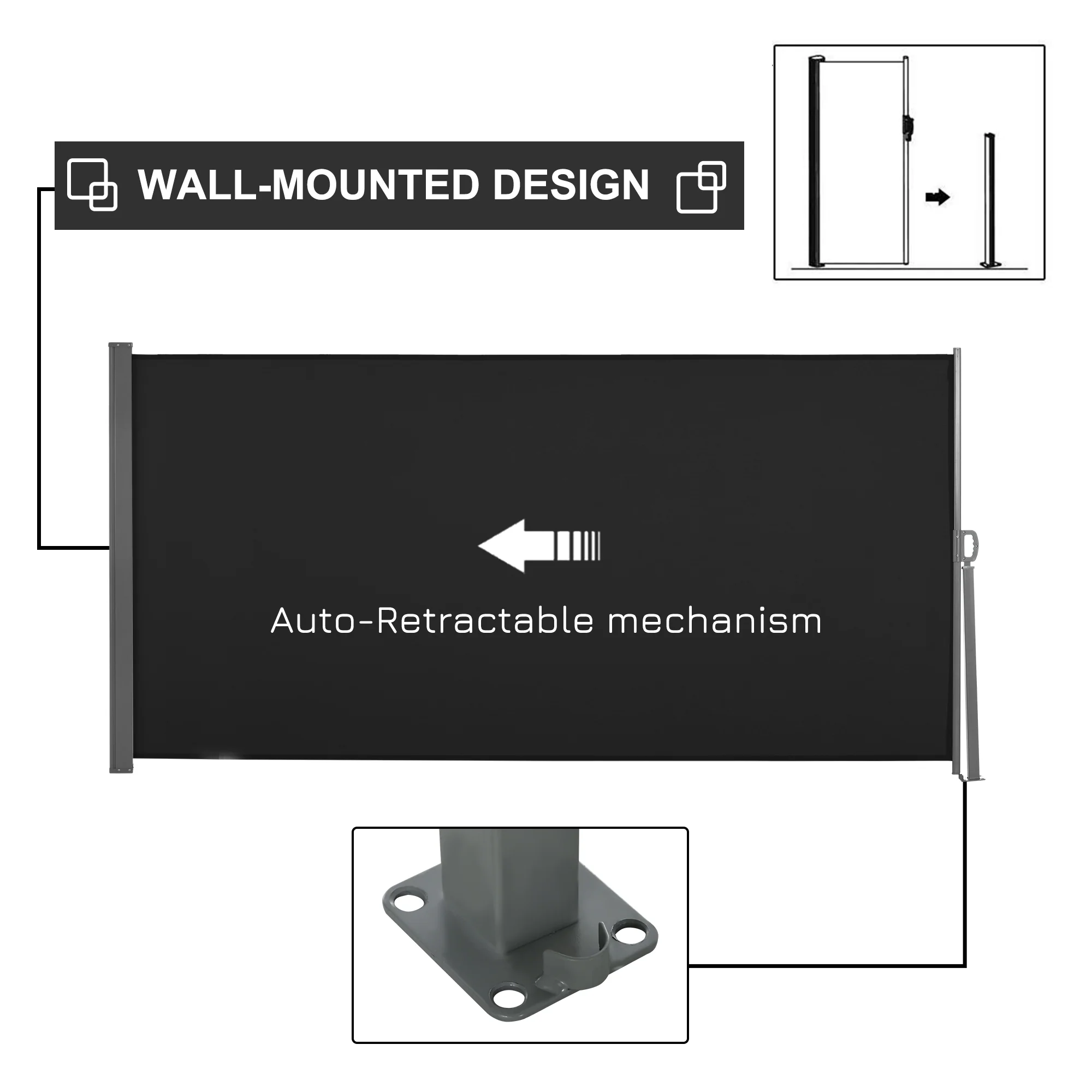 118" x 63" Retractable Side Awning with UV & Wind Protection, Black - Image 6