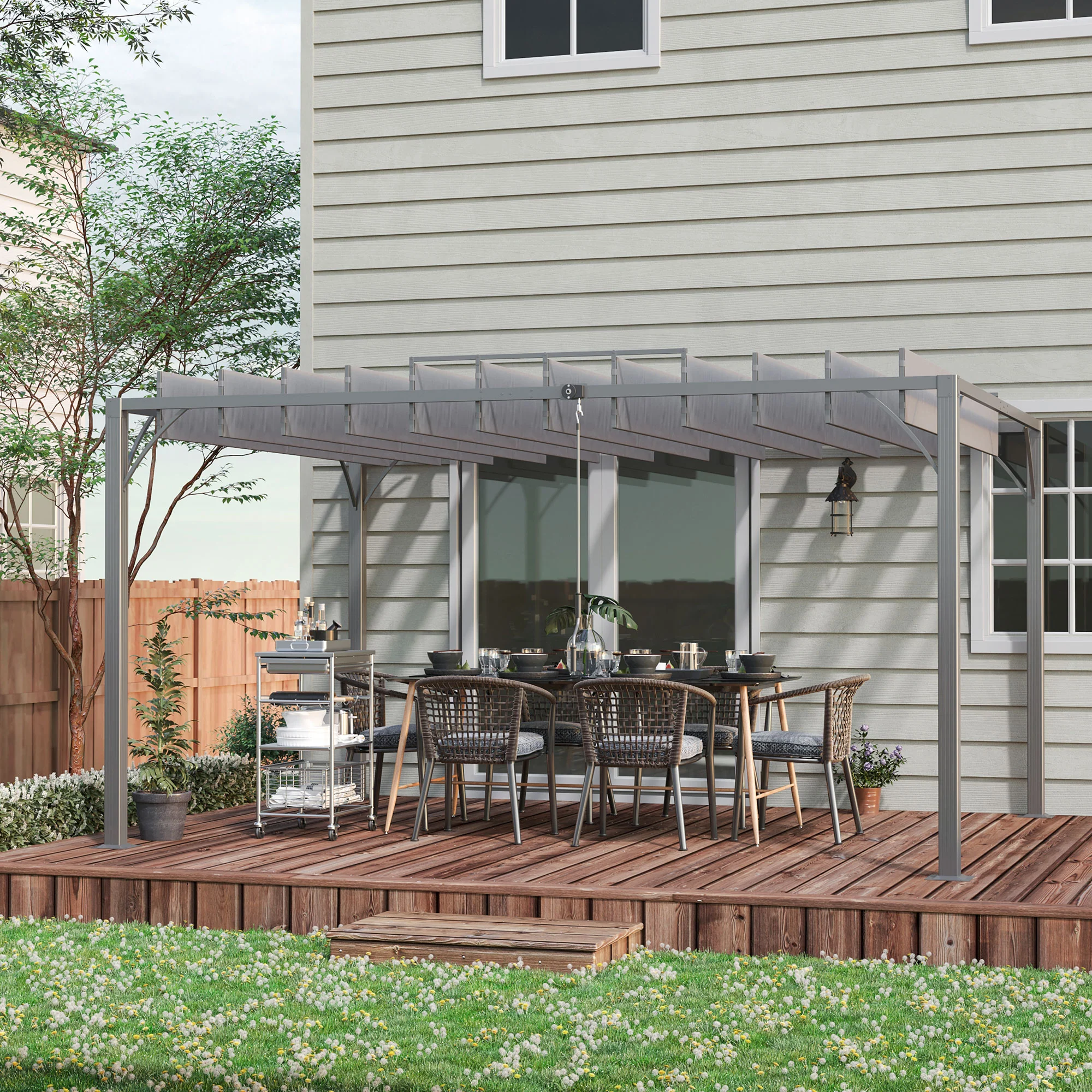 12.8' x 9.7' Outdoor Pergola with Retractable Roof and Ground Stakes, Grey - Image 4