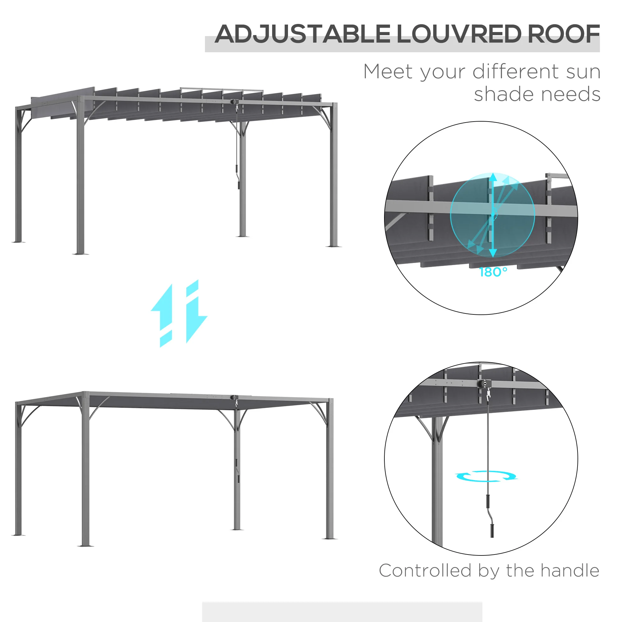 12.8' x 9.7' Outdoor Pergola with Retractable Roof and Ground Stakes, Grey - Image 6