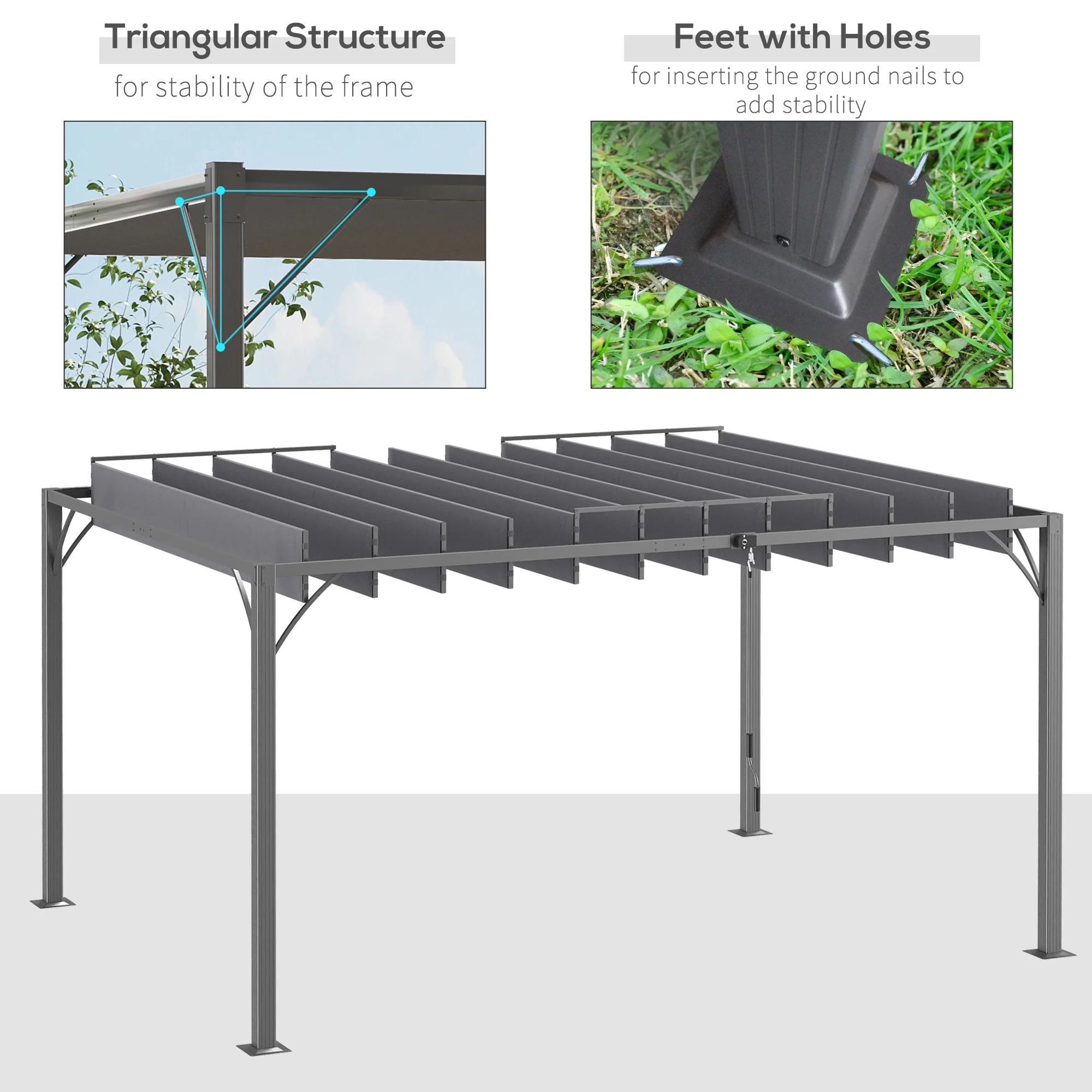 12.8' x 9.7' Outdoor Pergola with Retractable Roof and Ground Stakes, Grey - Image 8