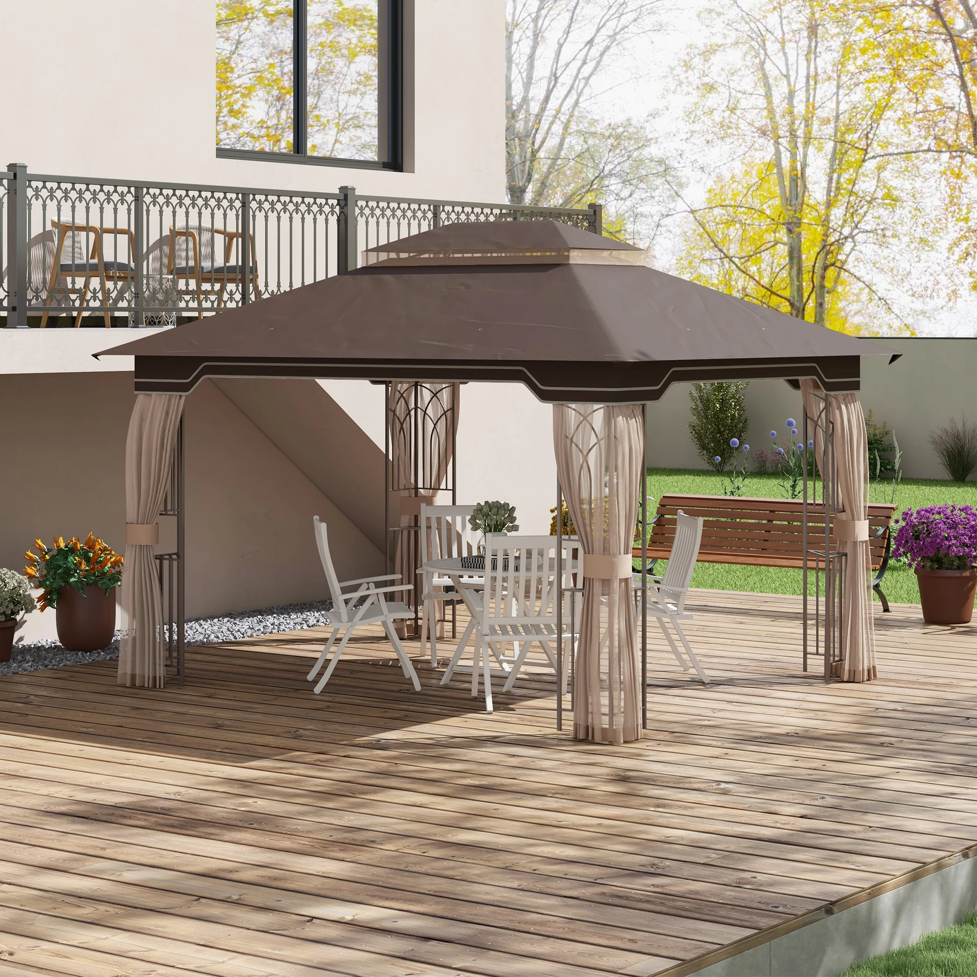 12' x 10' Patio Gazebo with Double Tier Roof and Netting Sidewalls, Brown - Image 9