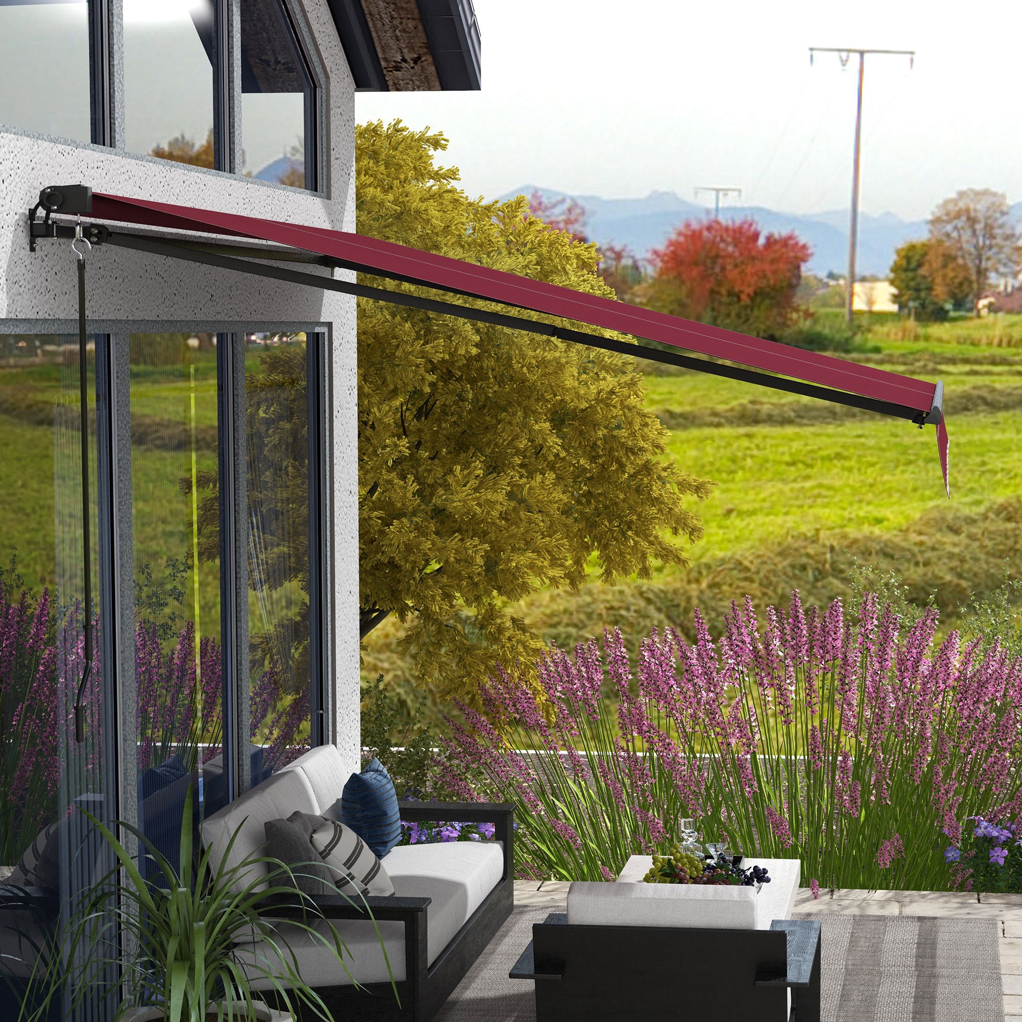 12' x 10' Retractable Awning with Manual Crank, 280gsm UV Resistant Fabric and Aluminum Frame, Wine Red - Image 11