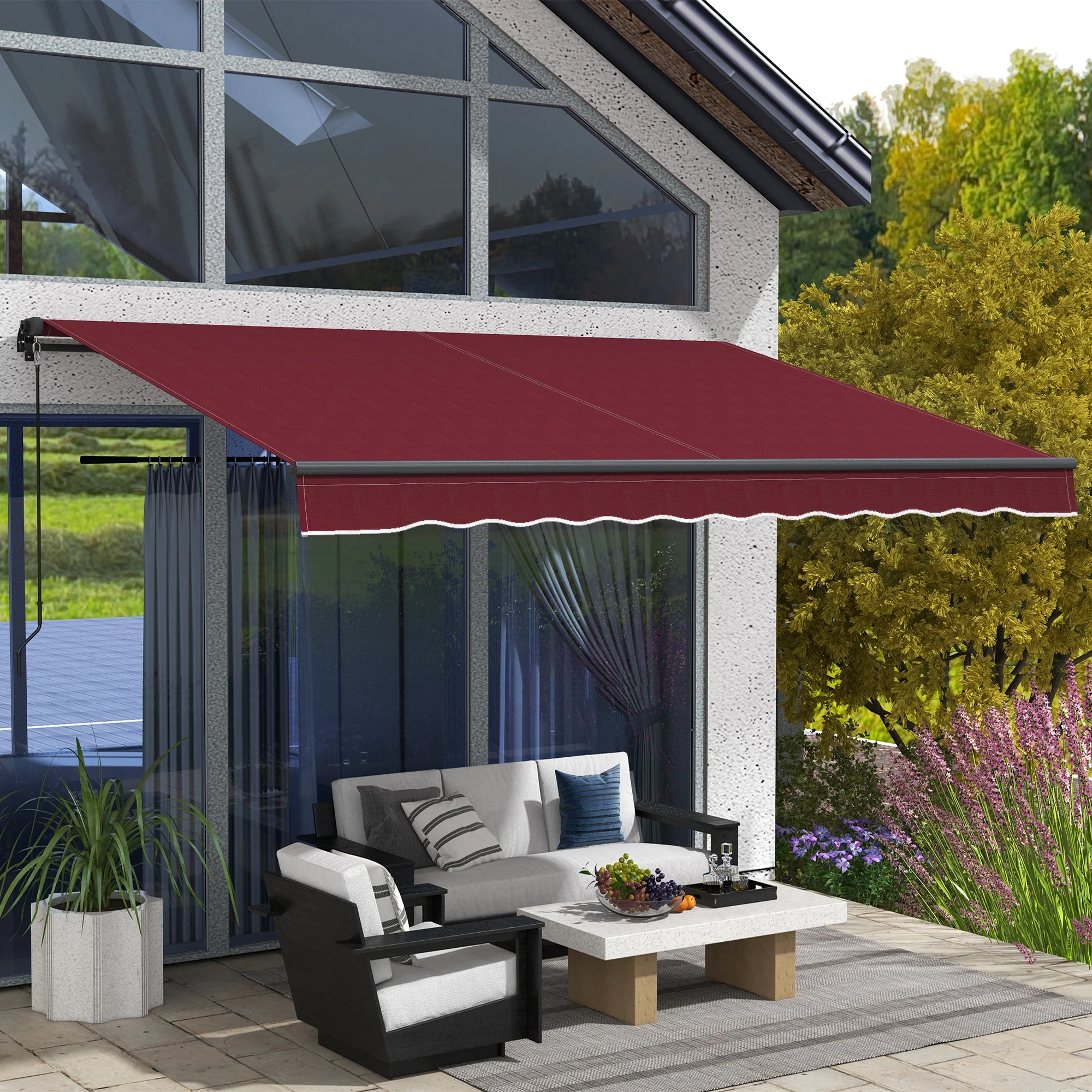 12' x 10' Retractable Awning with Manual Crank, 280gsm UV Resistant Fabric and Aluminum Frame, Wine Red - Image 4