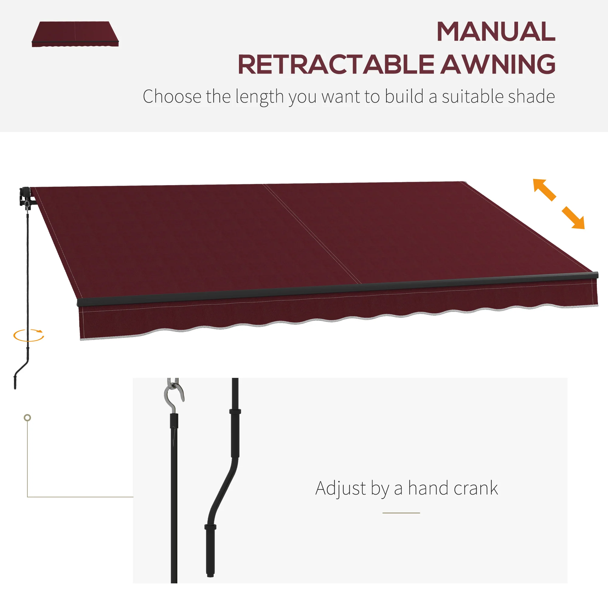 12' x 10' Retractable Awning with Manual Crank, 280gsm UV Resistant Fabric and Aluminum Frame, Wine Red - Image 6