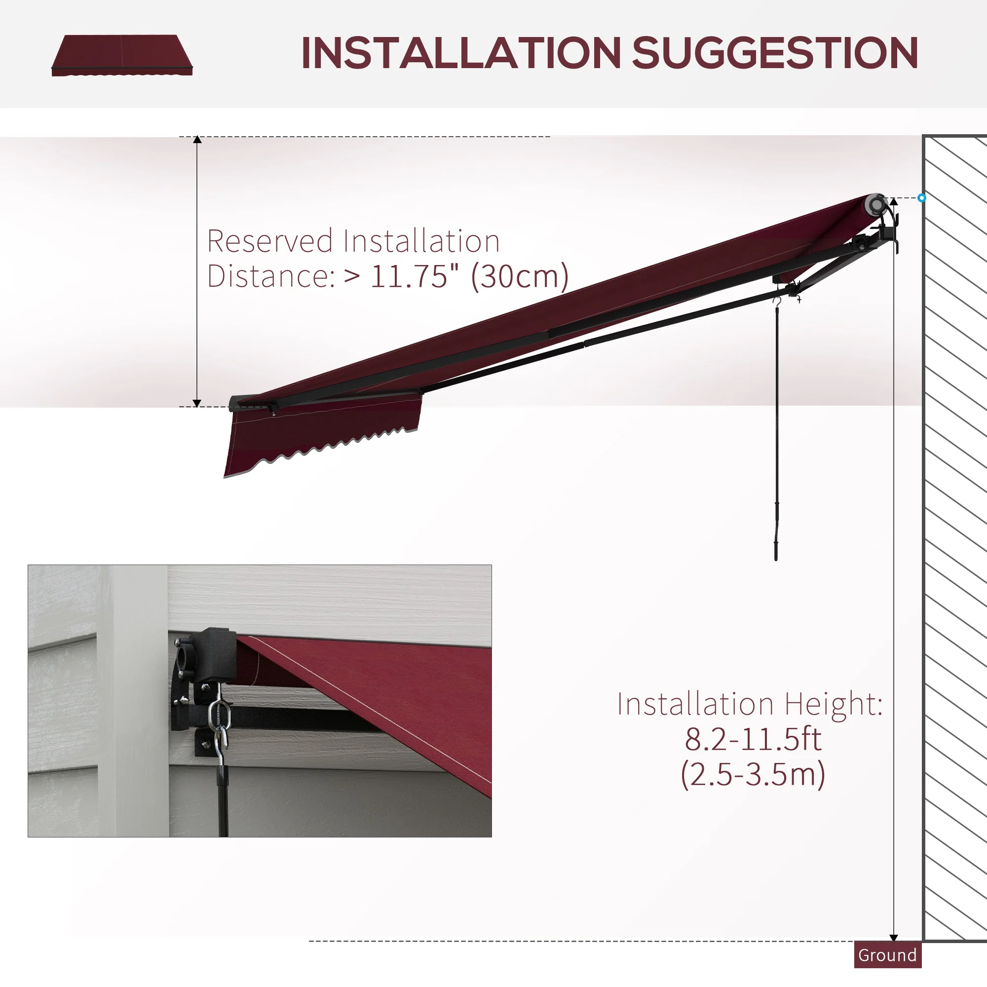 12' x 10' Retractable Awning with Manual Crank, 280gsm UV Resistant Fabric and Aluminum Frame, Wine Red - Image 9