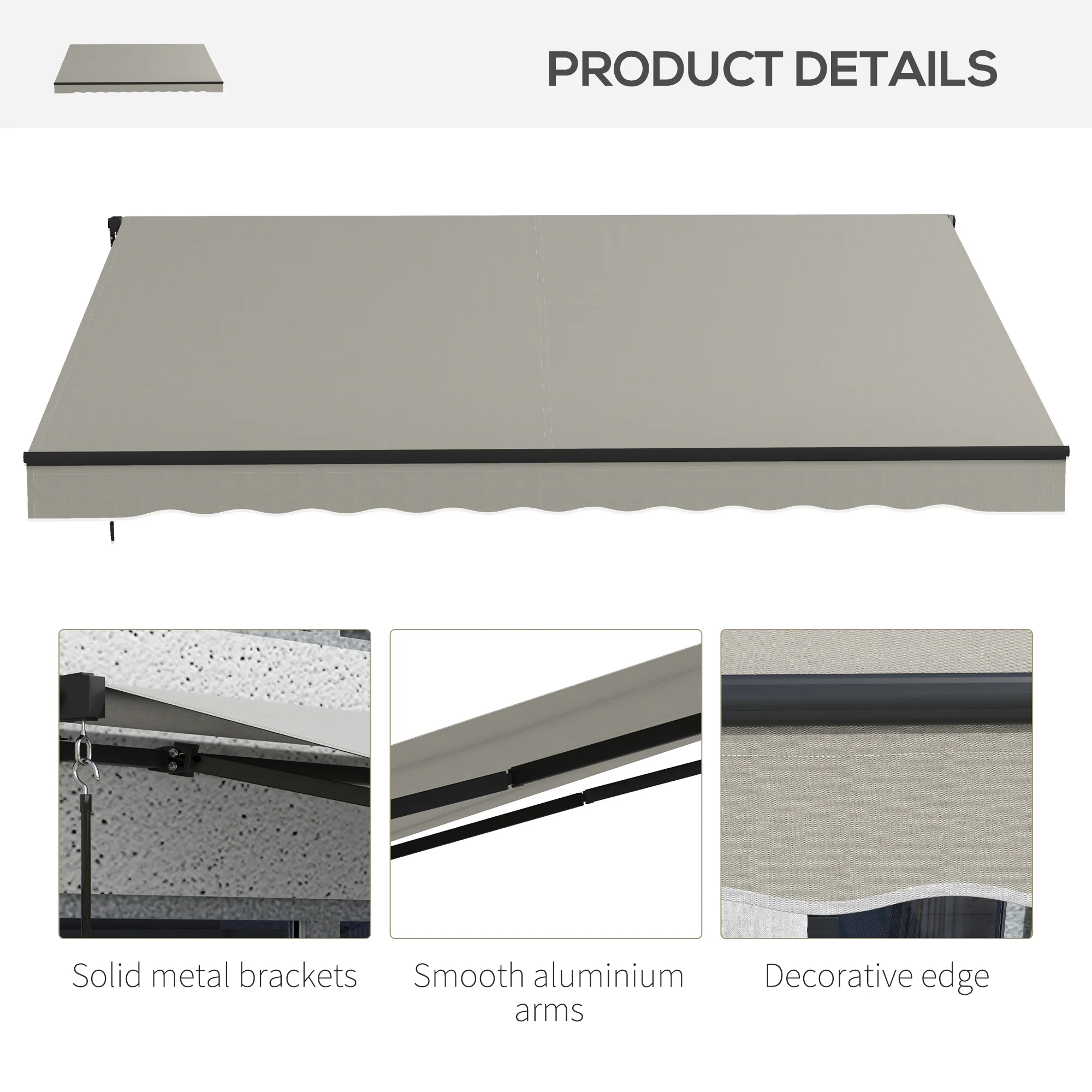 12' x 10' Retractable Awning with Manual Crank, 280gsm UV Resistant Fabric and Aluminum Frame, Light Grey - Image 10