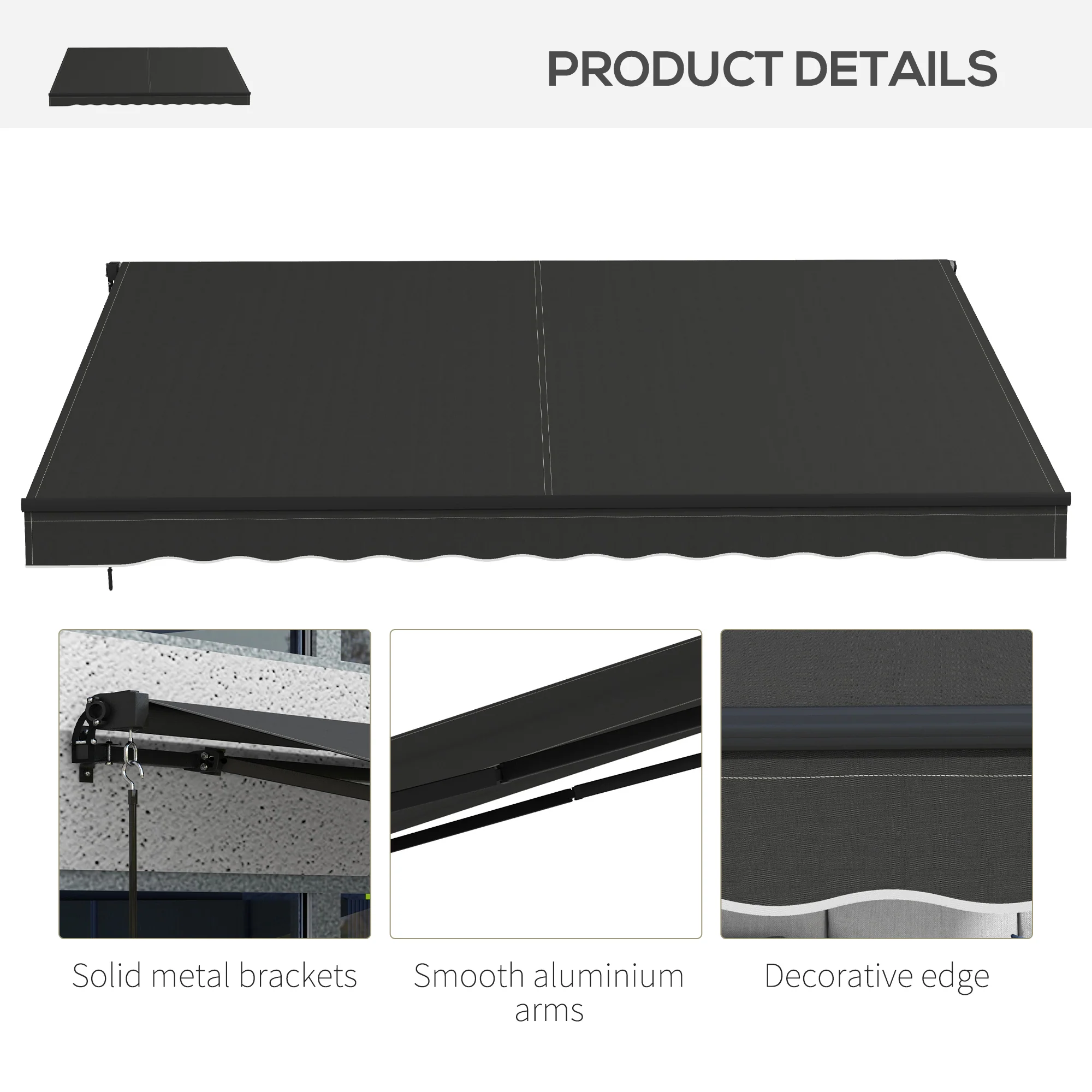 12' x 10' Retractable Awning with Manual Crank, 280gsm UV Resistant Fabric and Aluminum Frame, Black - Image 10