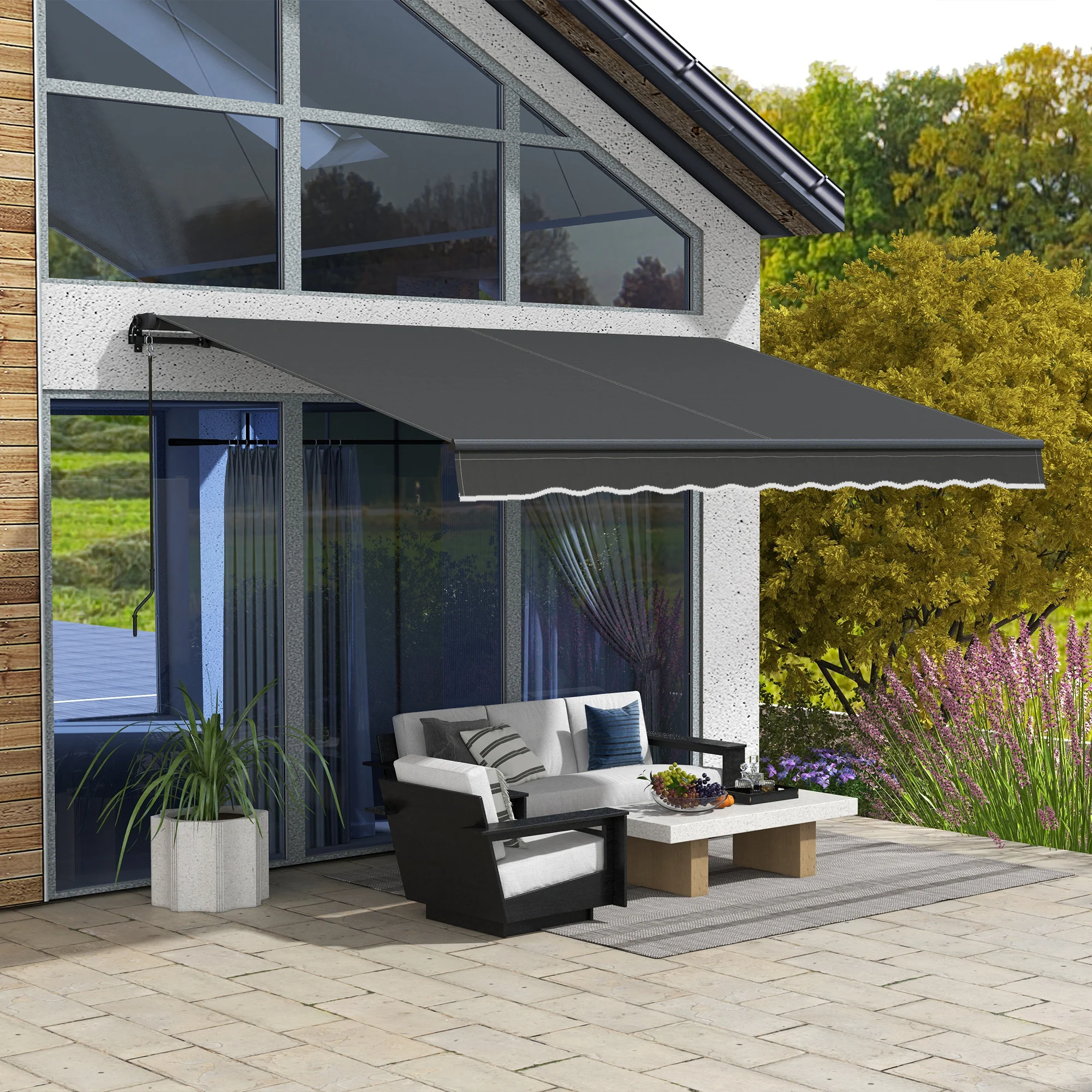 12' x 10' Retractable Awning with Manual Crank, 280gsm UV Resistant Fabric and Aluminum Frame, Black - Image 4