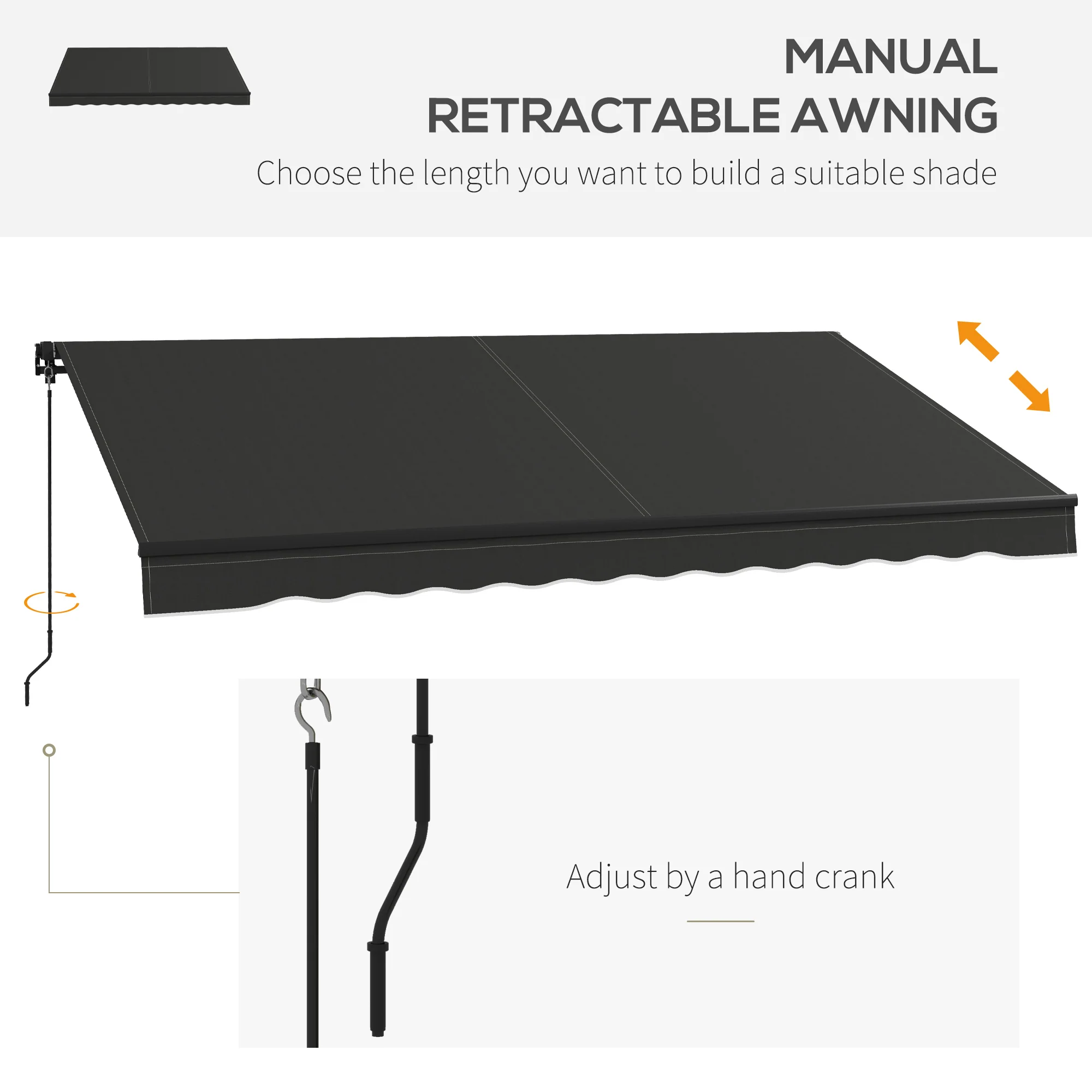 12' x 10' Retractable Awning with Manual Crank, 280gsm UV Resistant Fabric and Aluminum Frame, Black - Image 6