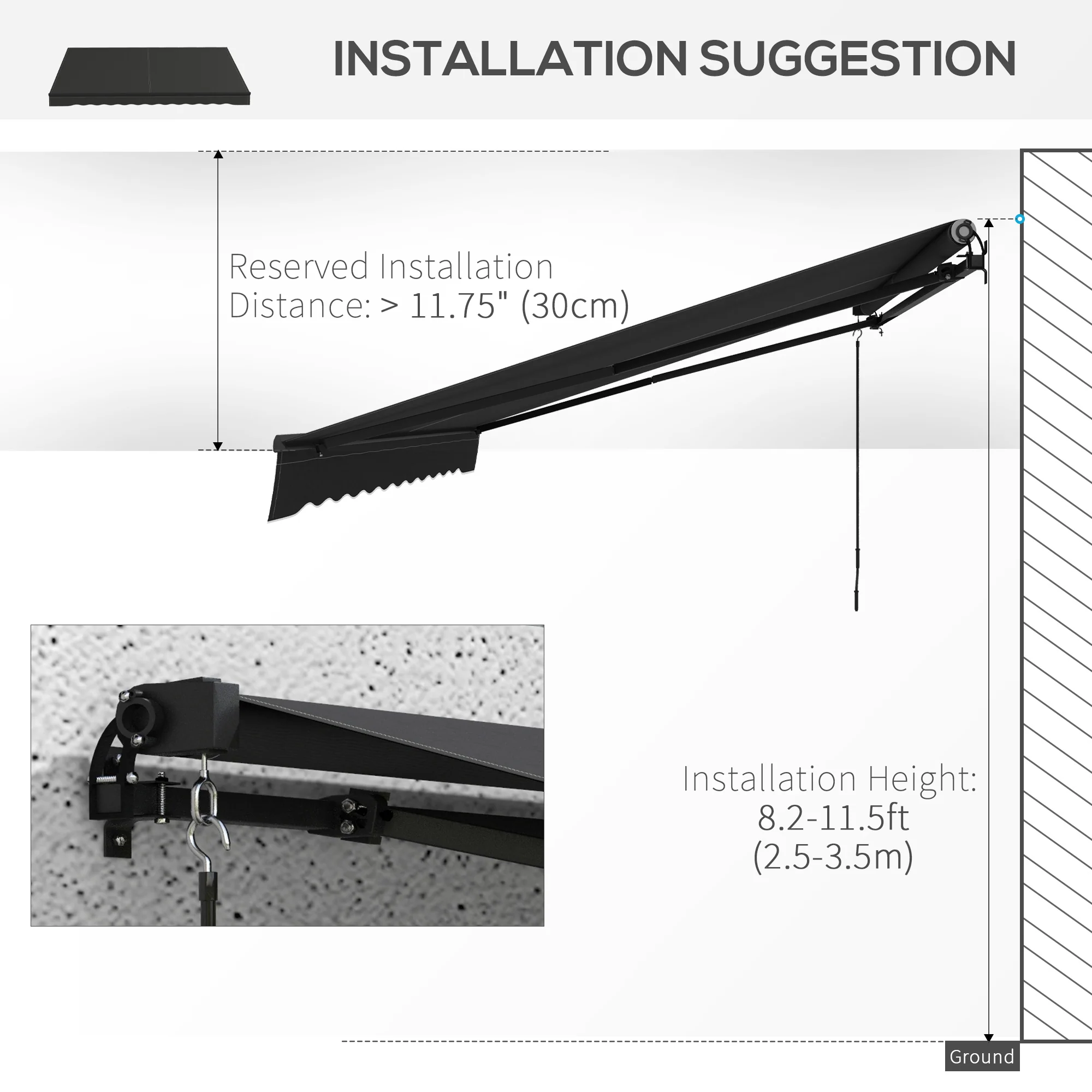 12' x 10' Retractable Awning with Manual Crank, 280gsm UV Resistant Fabric and Aluminum Frame, Black - Image 9