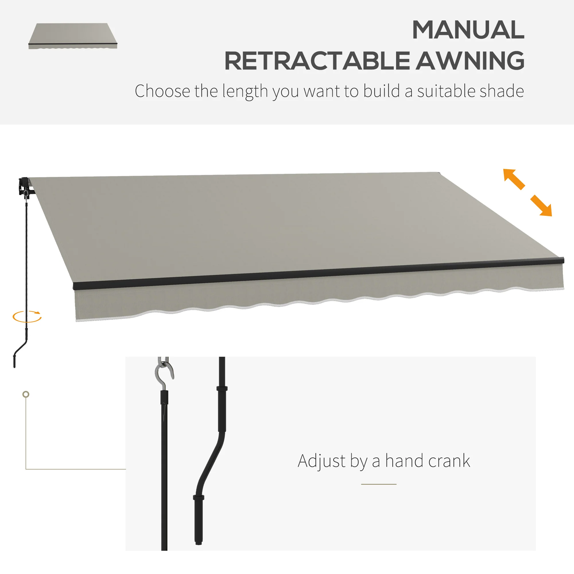 12' x 10' Retractable Awning with Manual Crank, 280gsm UV Resistant Fabric and Aluminum Frame, Light Grey - Image 6