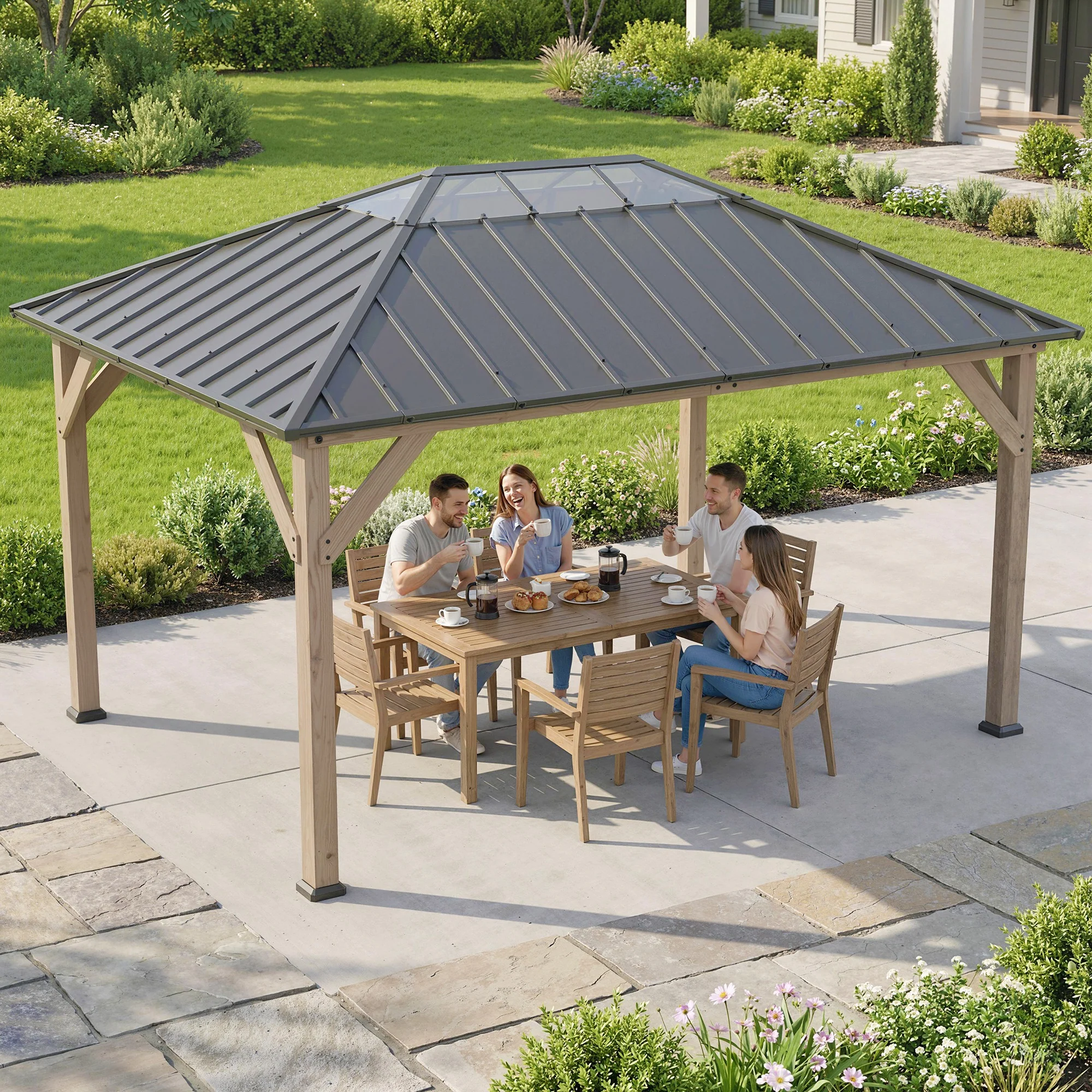 12' x 16' Wood Hardtop Gazebo with Clear Roof, Light Walnut - Image 10