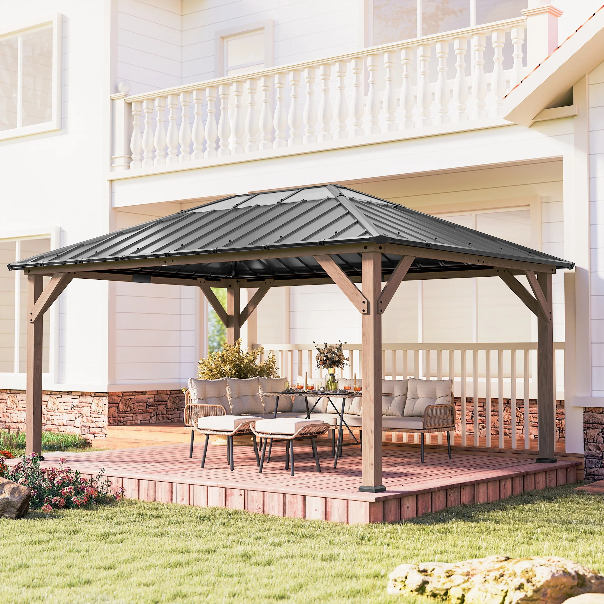 12' x 16' Wood Hardtop Gazebo with Clear Roof, Light Walnut - Image 11