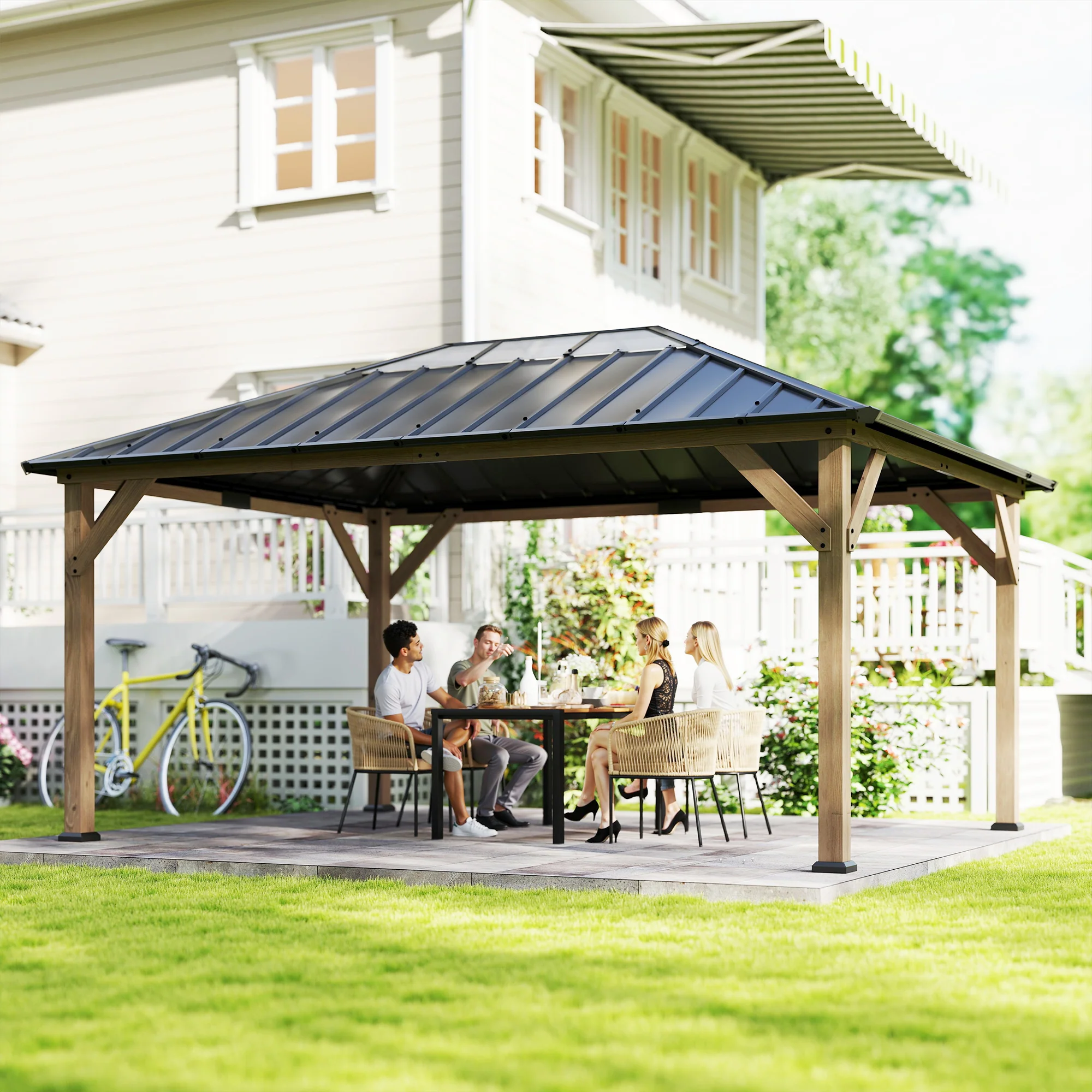12' x 16' Wood Hardtop Gazebo with Clear Roof, Light Walnut - Image 3