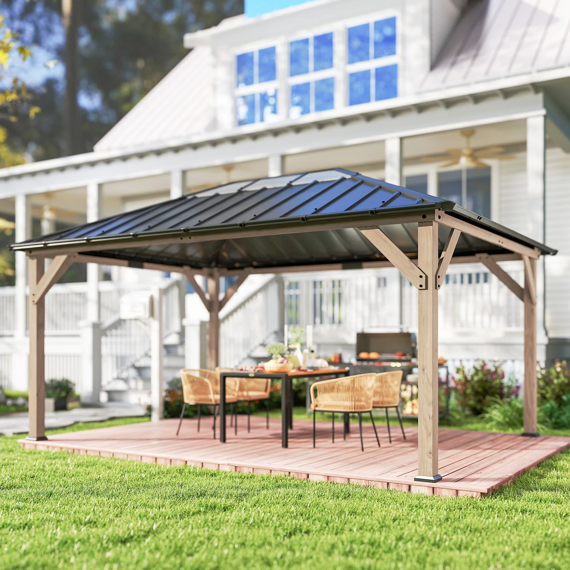 12' x 16' Wood Hardtop Gazebo with Clear Roof, Light Walnut - Image 4