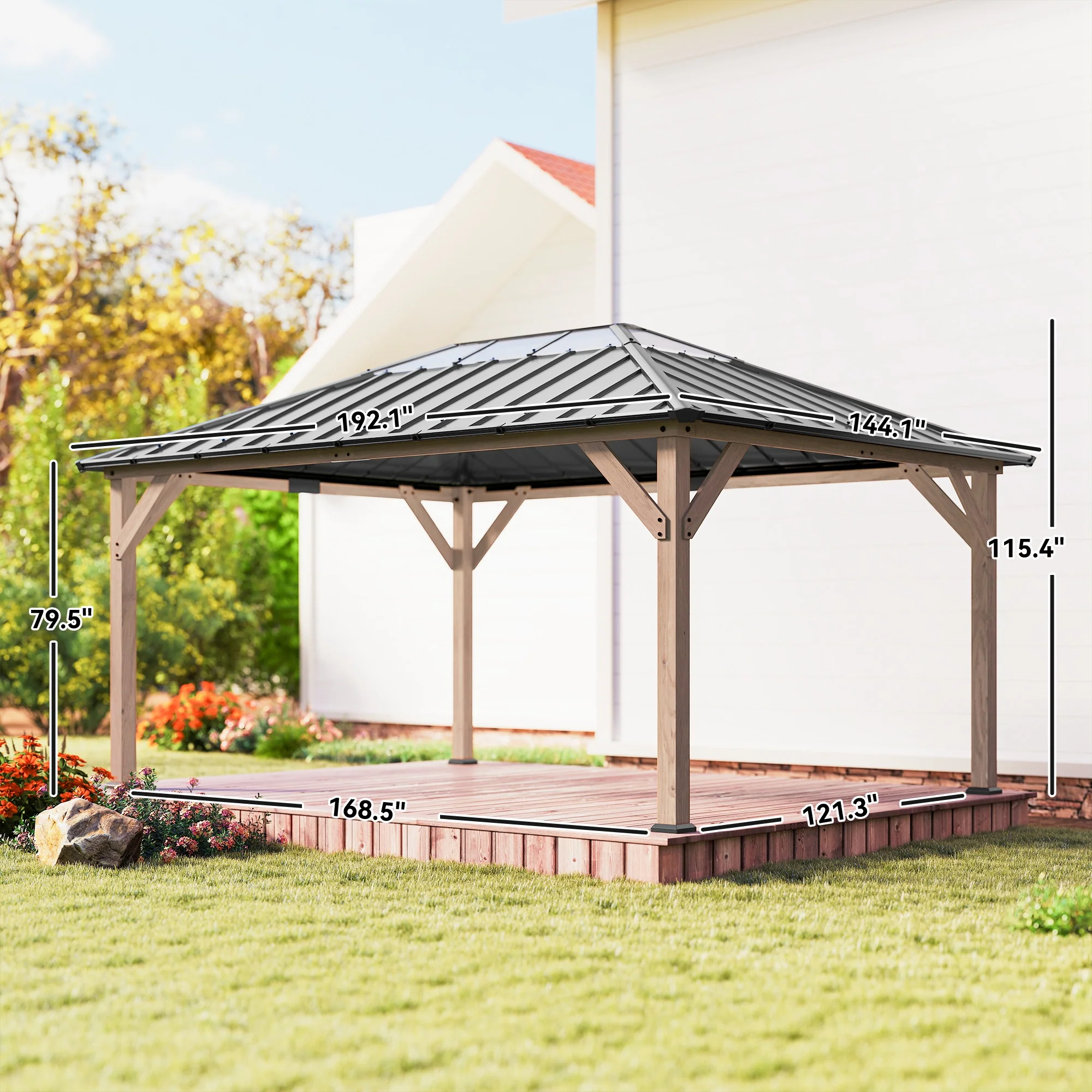 12' x 16' Wood Hardtop Gazebo with Clear Roof, Light Walnut - Image 5
