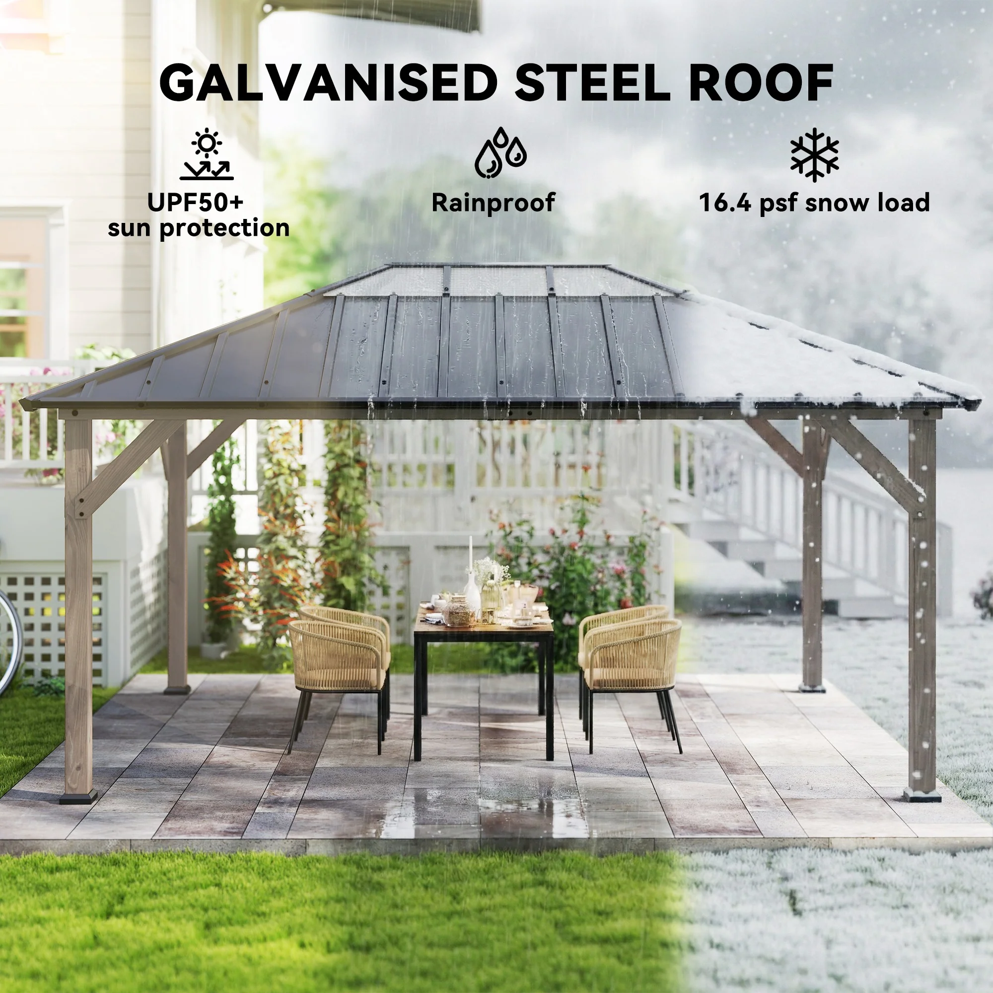 12' x 16' Wood Hardtop Gazebo with Clear Roof, Light Walnut - Image 6