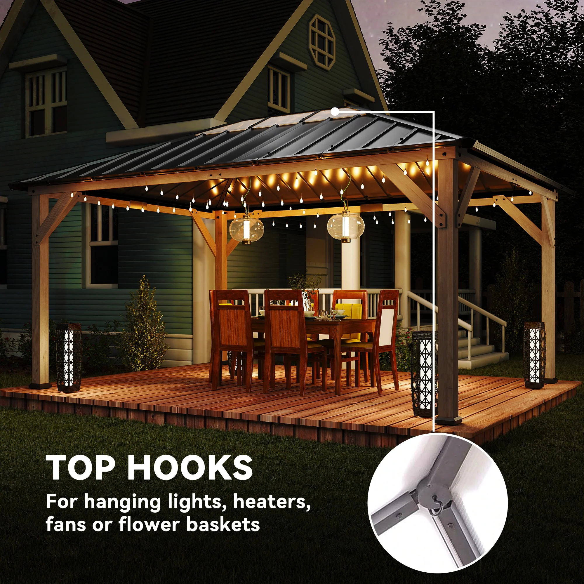 12' x 16' Wood Hardtop Gazebo with Clear Roof, Light Walnut - Image 9