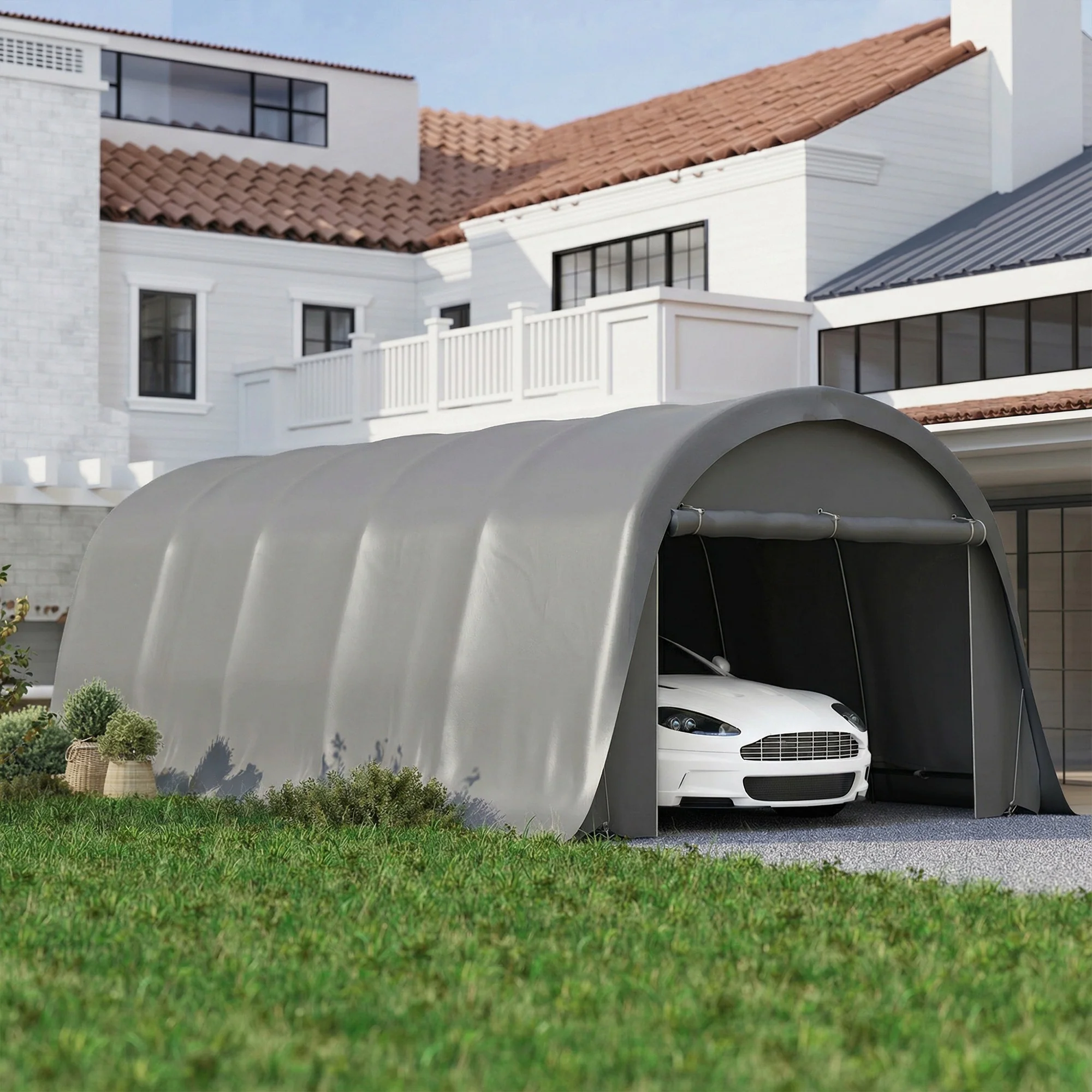 12' x 23.6' Heavy Duty Carport with Roll-Up Door, Dark Gray - Image 3