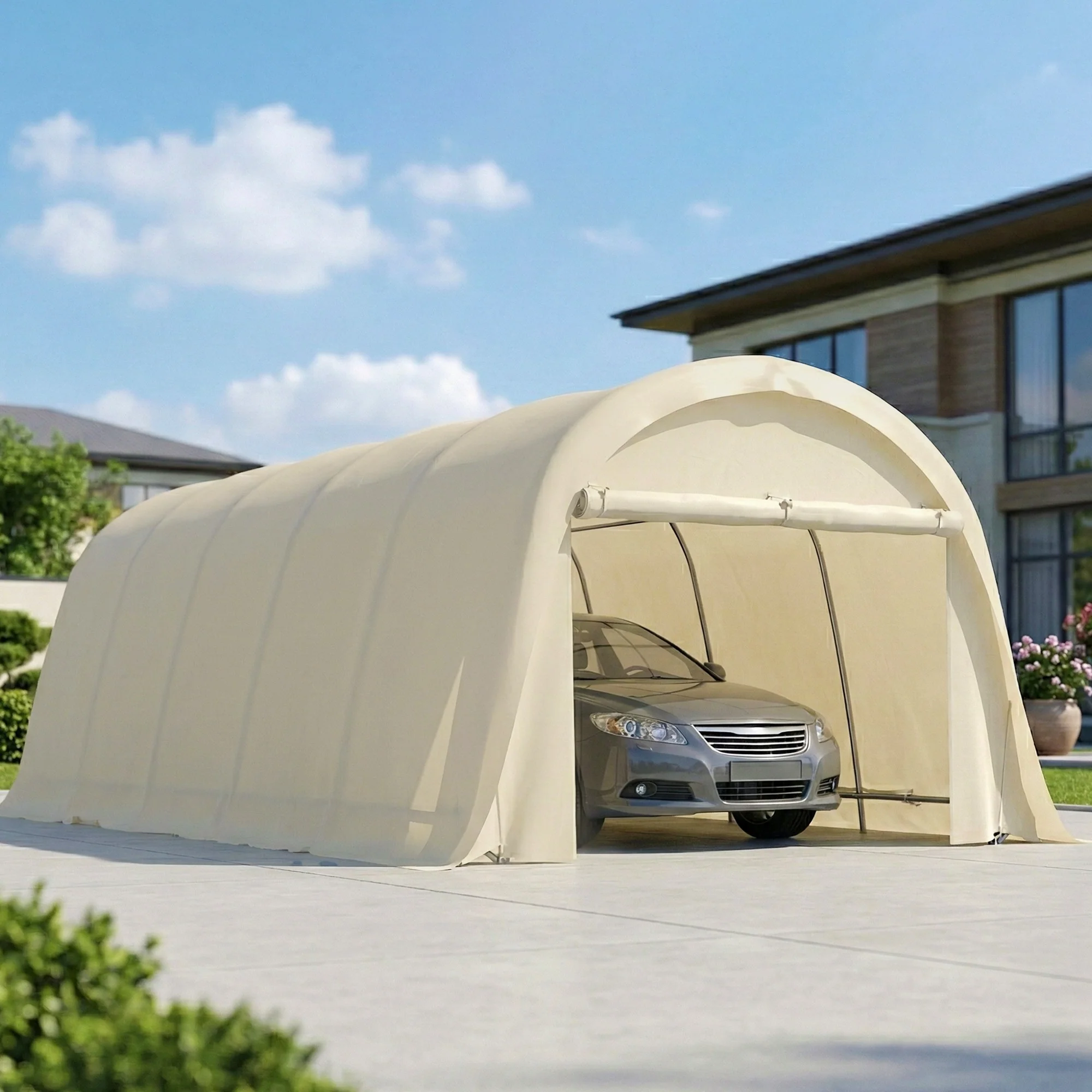 12' x 23.6' Heavy Duty Carport with Roll-Up Door, Beige - Image 10