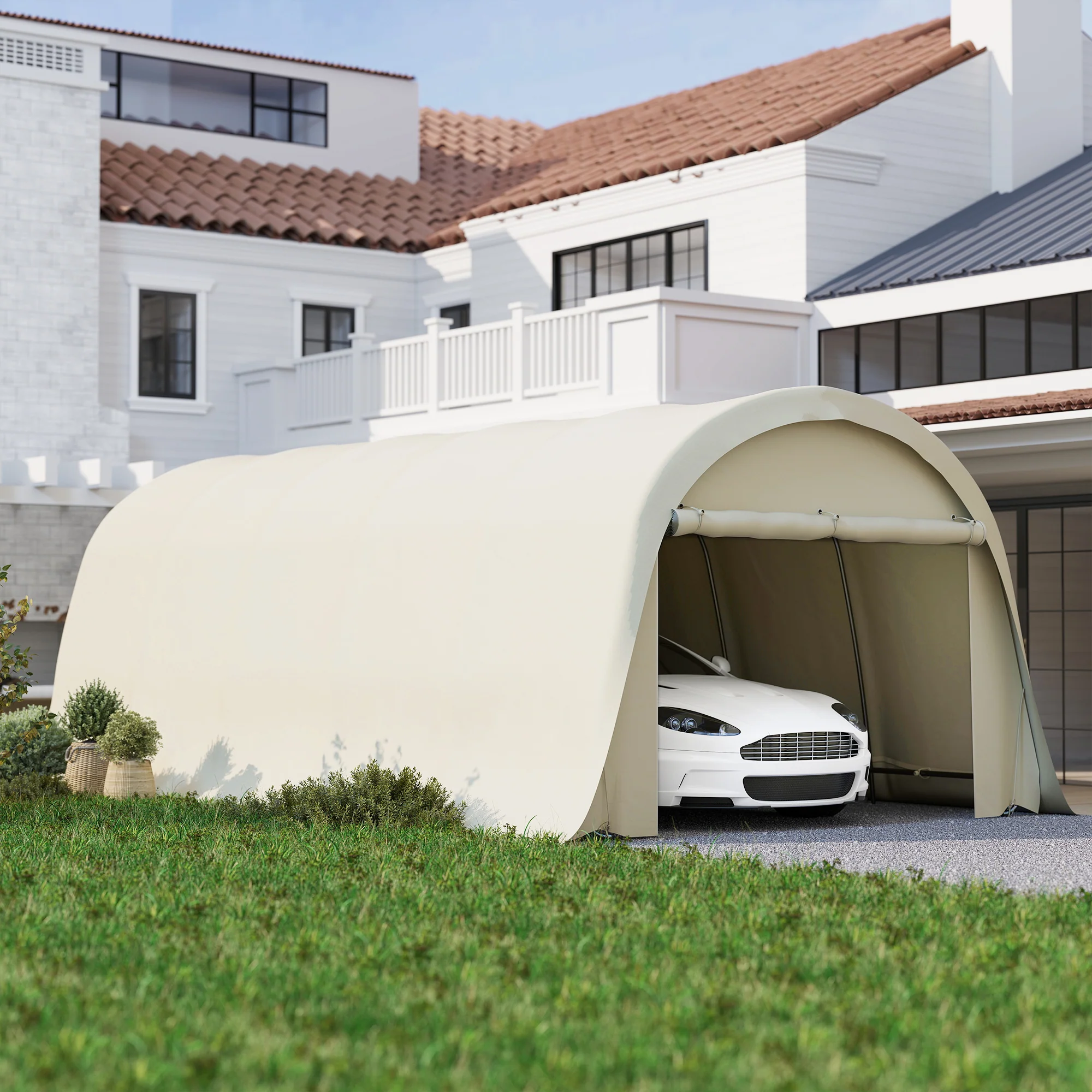 12' x 23.6' Heavy Duty Carport with Roll-Up Door, Beige - Image 3