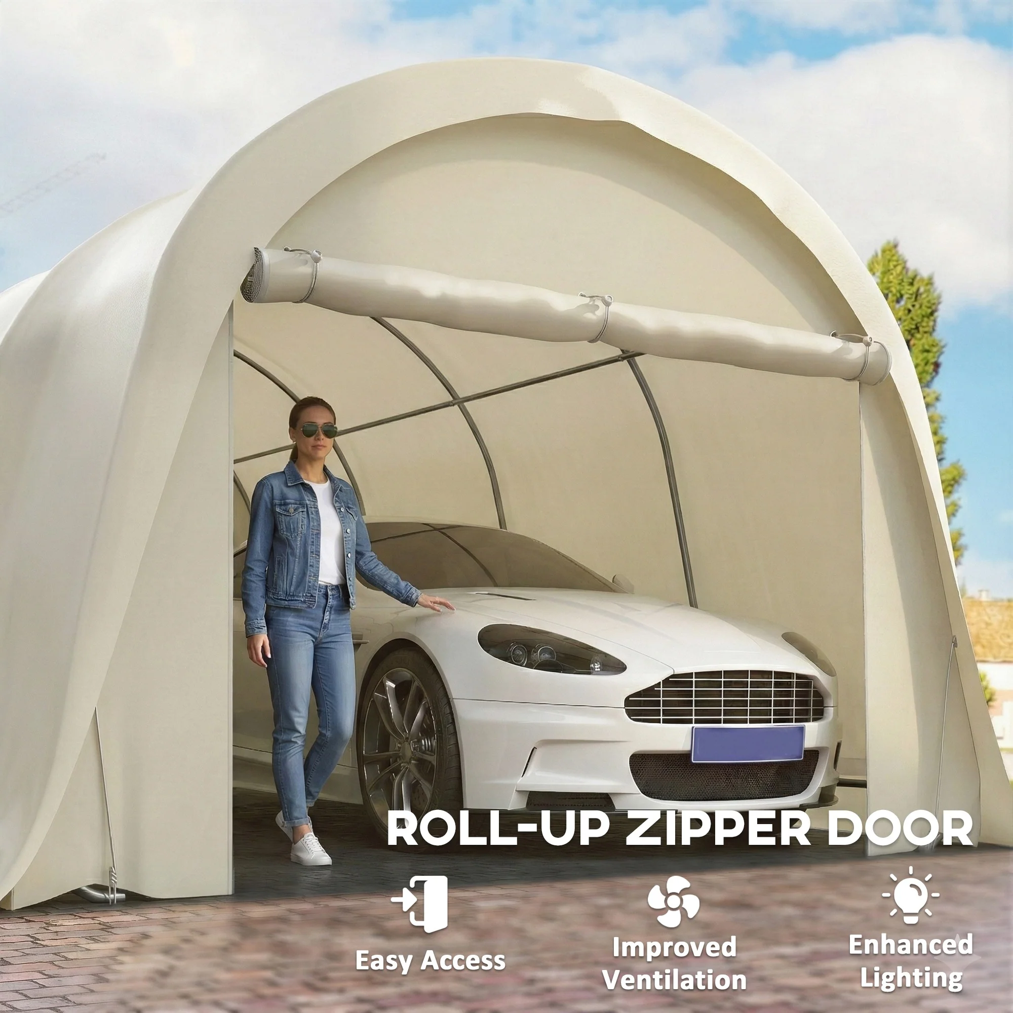 12' x 23.6' Heavy Duty Carport with Roll-Up Door, Beige - Image 8