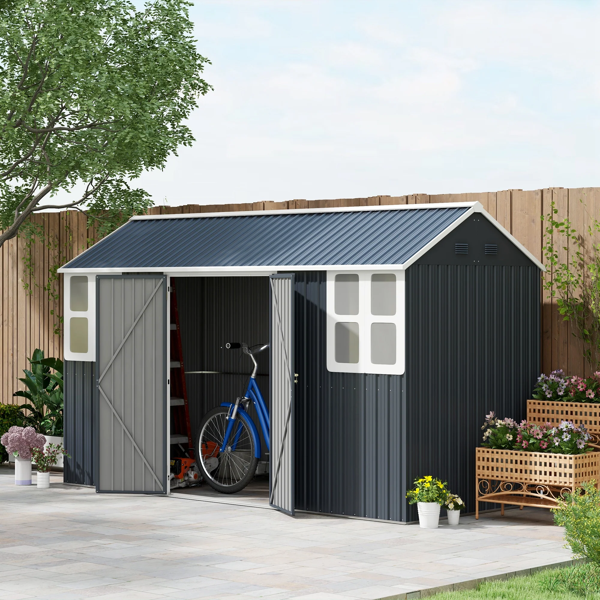 12' x 5.5' Metal Garden Storage Shed with Lockable Door & Window, Dark Grey - Image 3