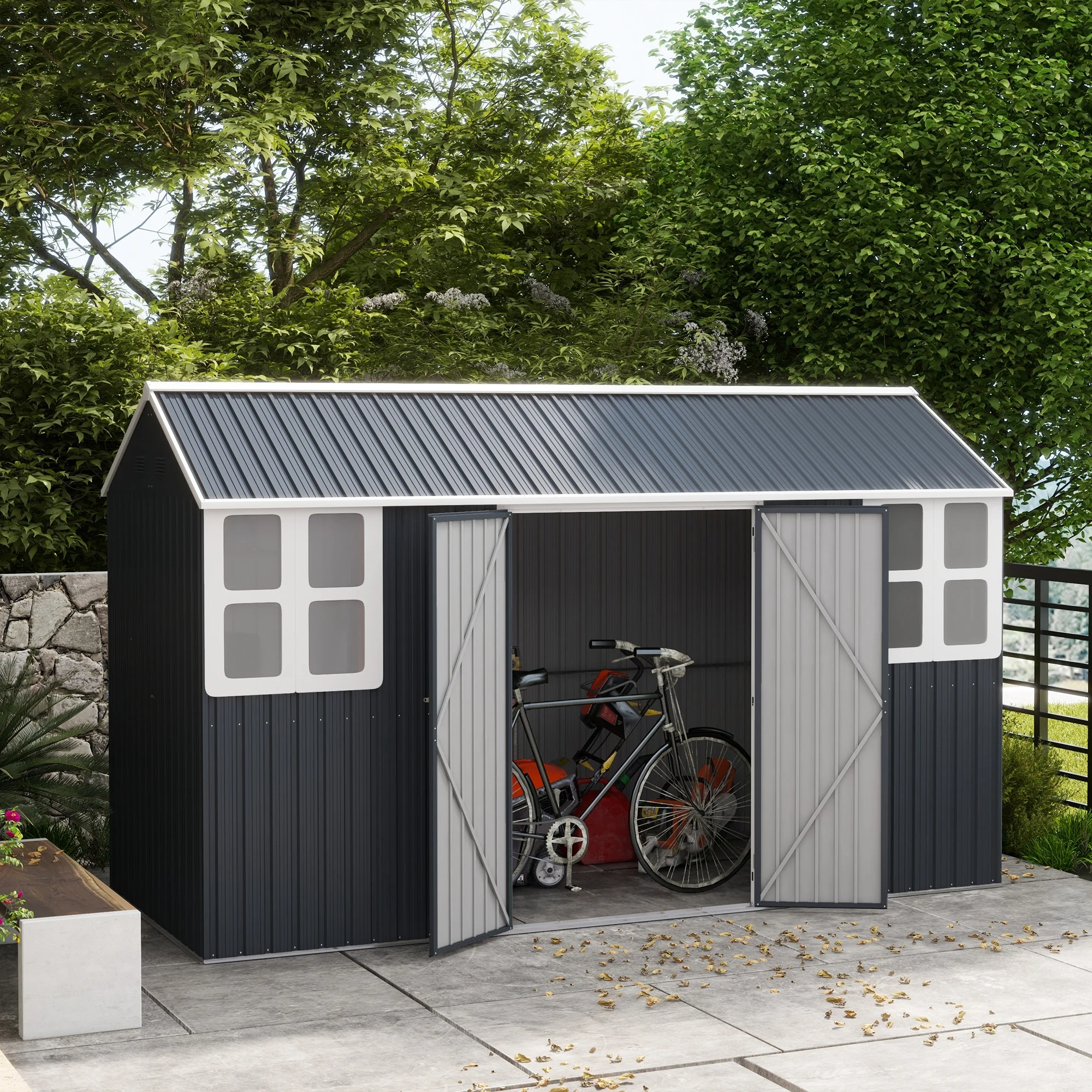 12' x 5.5' Metal Garden Storage Shed with Lockable Door & Window, Dark Grey - Image 4