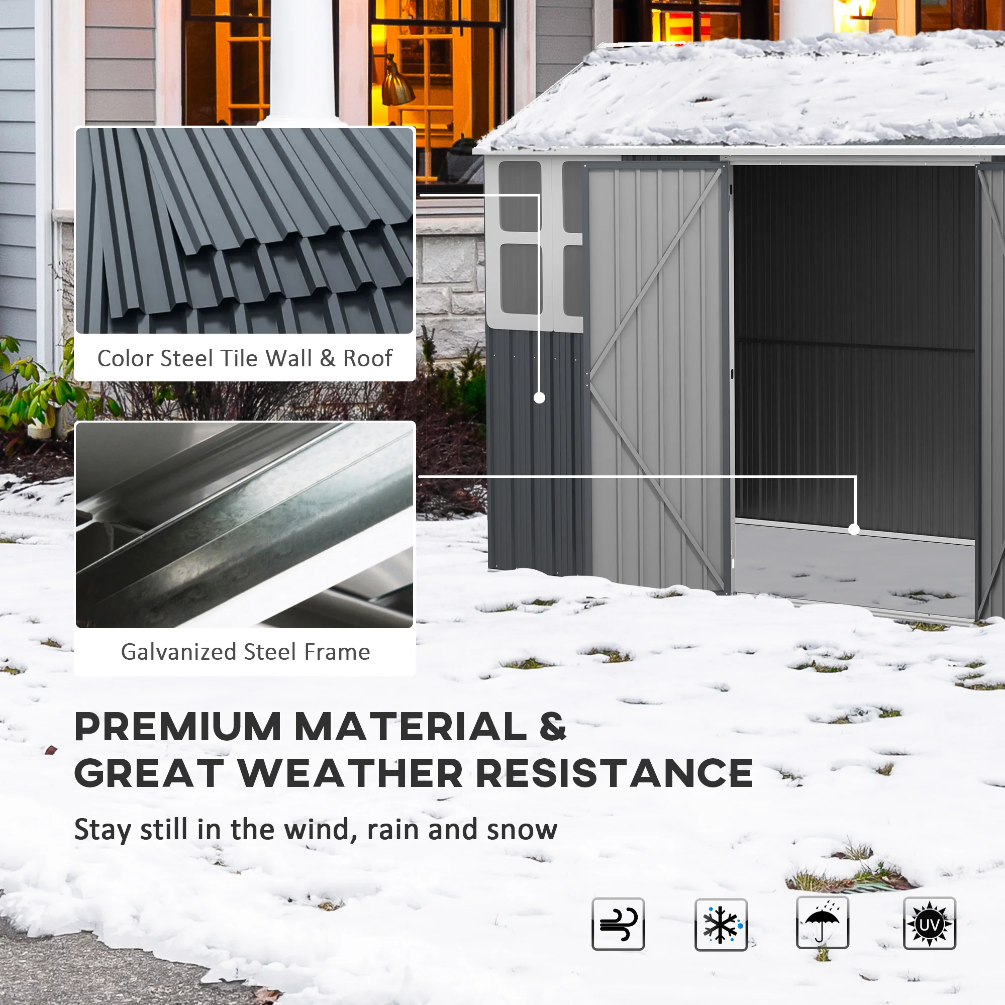 12' x 5.5' Metal Garden Storage Shed with Lockable Door & Window, Dark Grey - Image 6