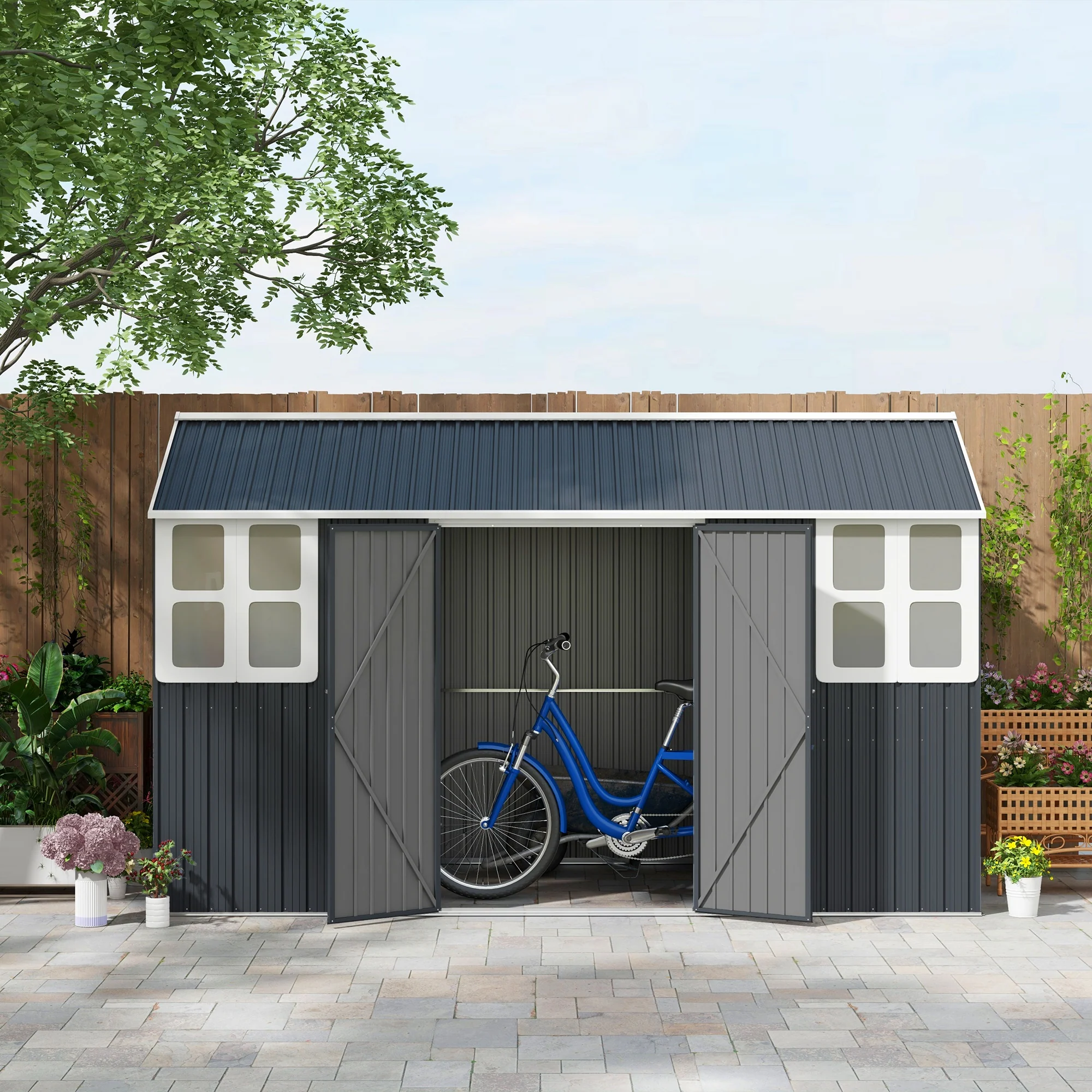 12' x 5.5' Metal Garden Storage Shed with Lockable Door & Window, Dark Grey - Image 9