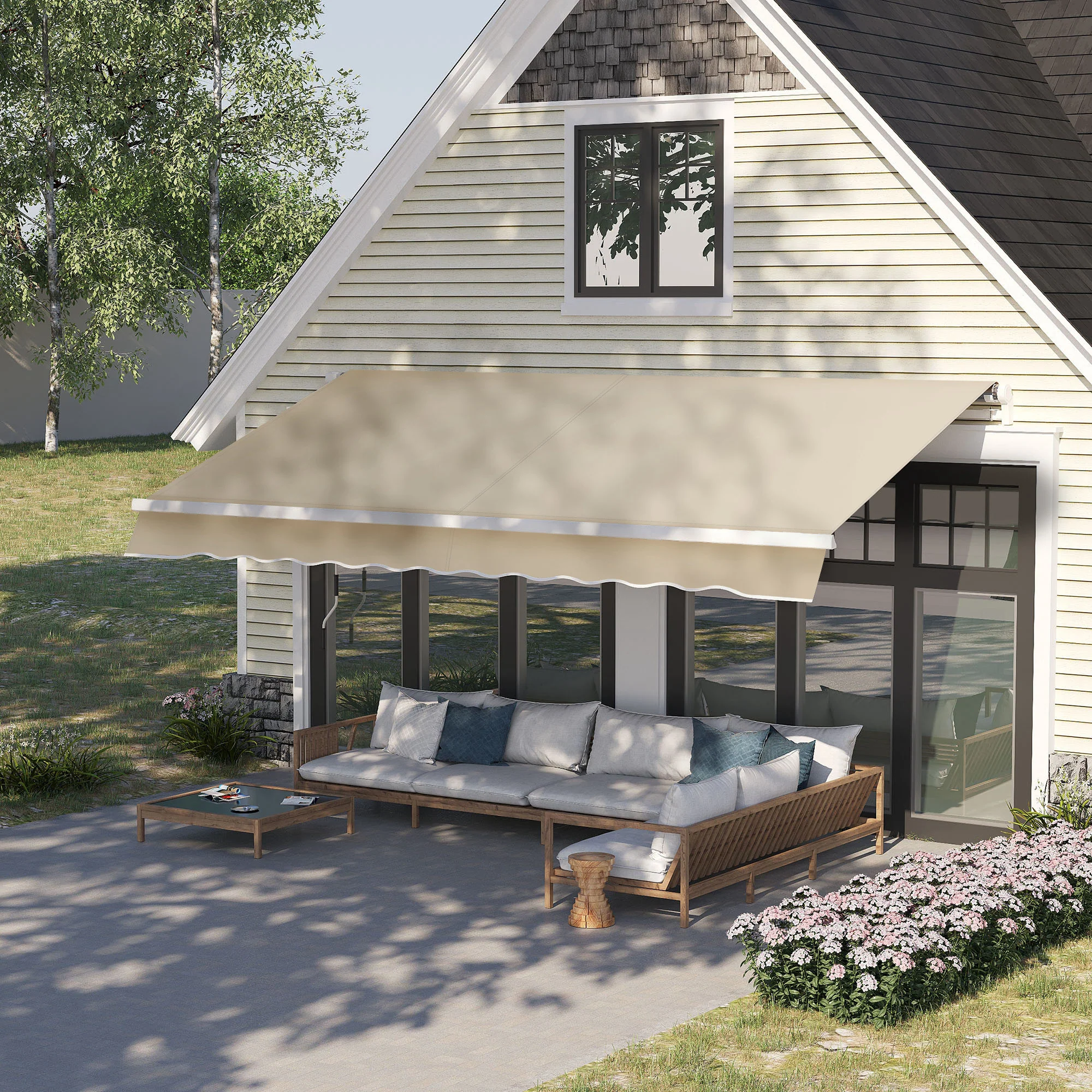 12' x 8' Retractable Patio Awning with Manual Crank, UV & Water-Resistant Fabric and Aluminum Frame, Cream White - Image 4
