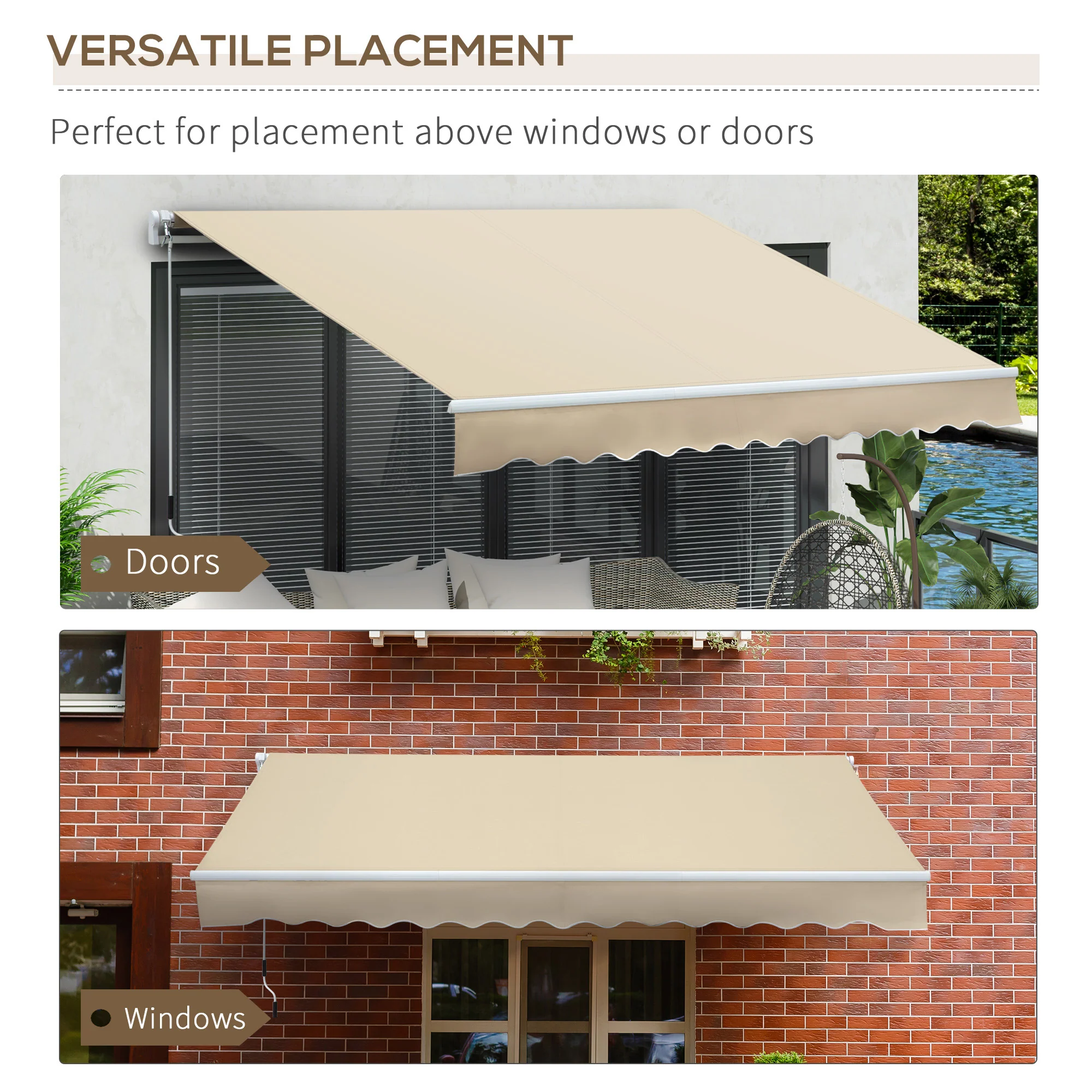 12' x 8' Retractable Patio Awning with Manual Crank, UV & Water-Resistant Fabric and Aluminum Frame, Cream White - Image 7