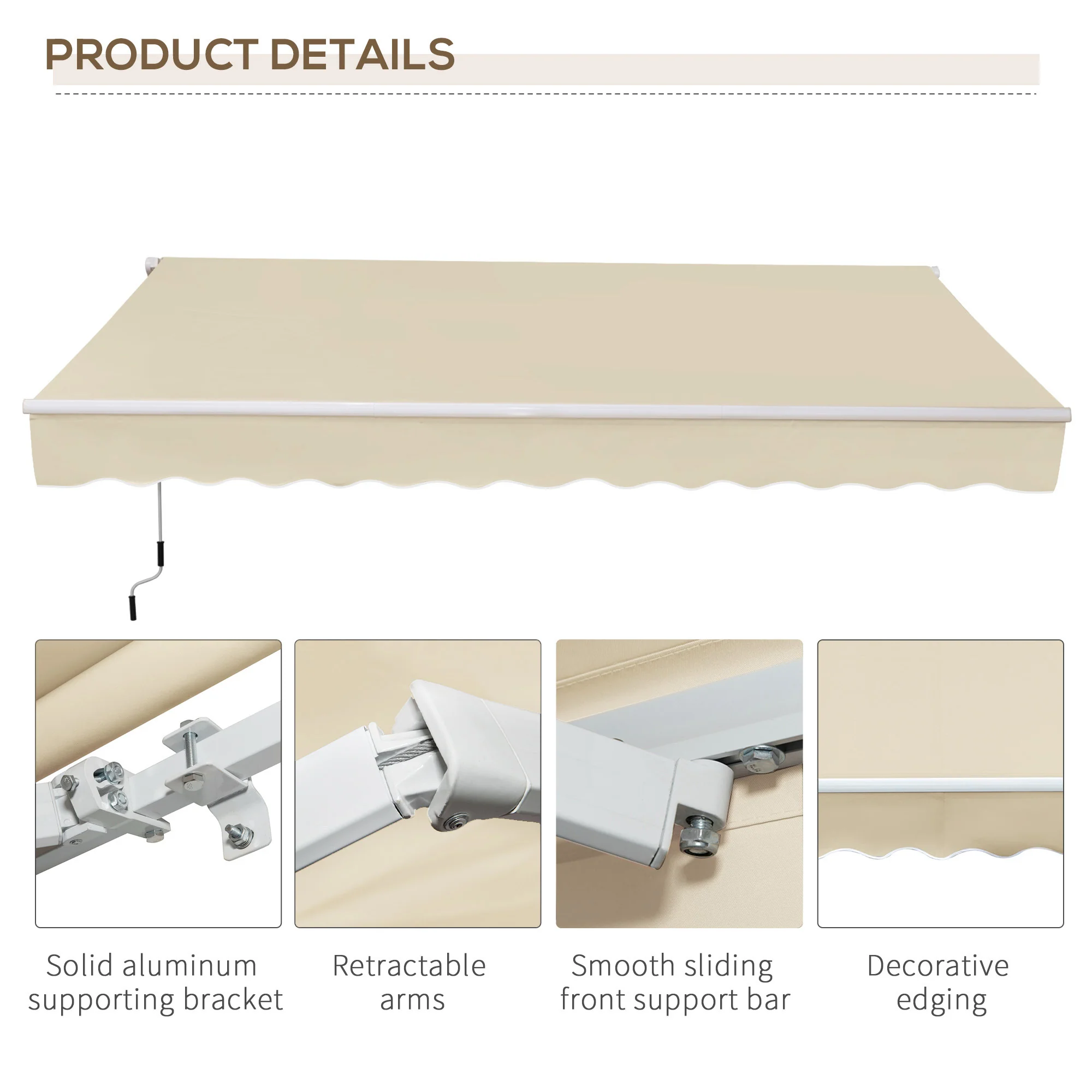 12' x 8' Retractable Patio Awning with Manual Crank, UV & Water-Resistant Fabric and Aluminum Frame, Cream White - Image 9
