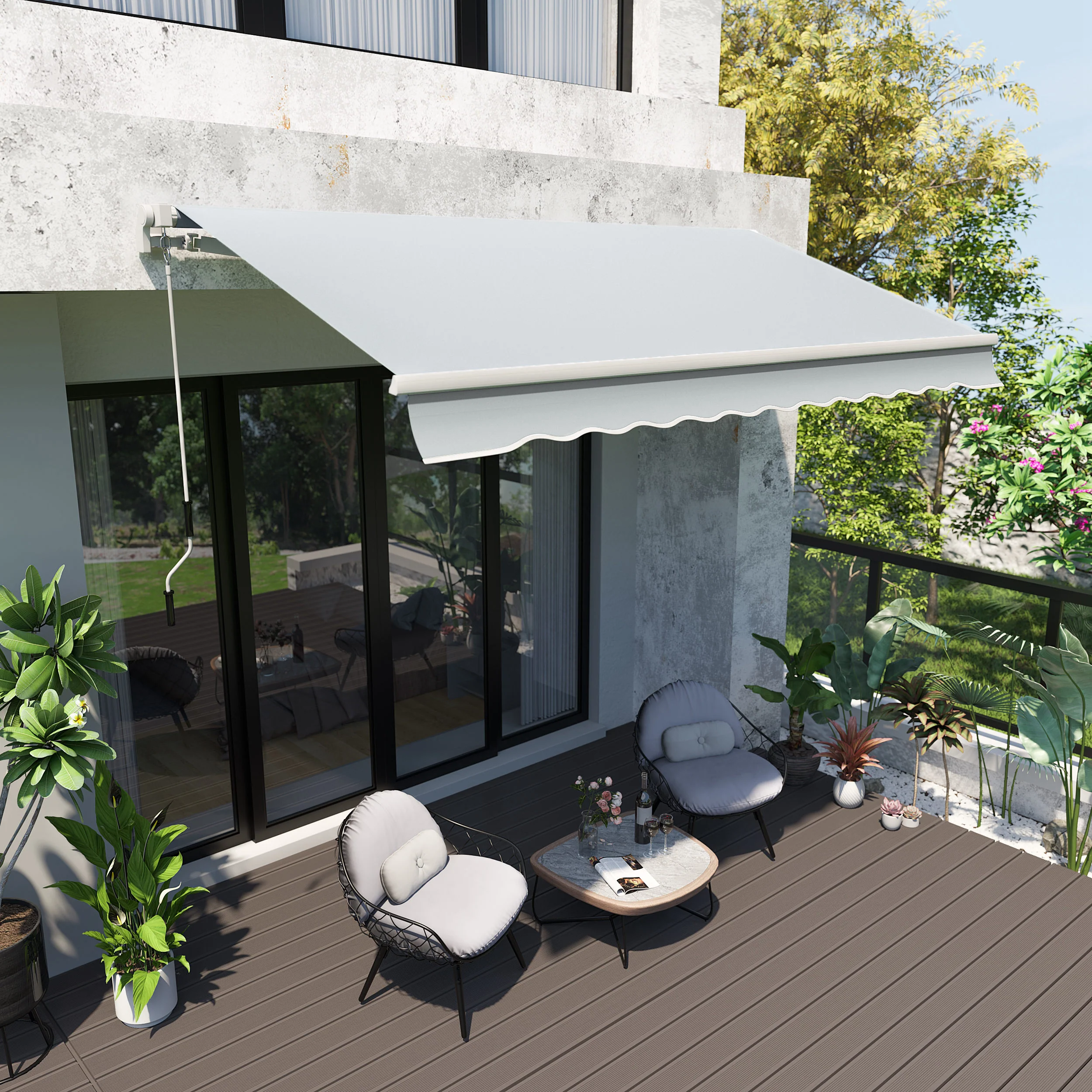 12' x 8' Retractable Patio Awning with Manual Crank, UV & Water-Resistant Fabric and Aluminum Frame, Grey - Image 3