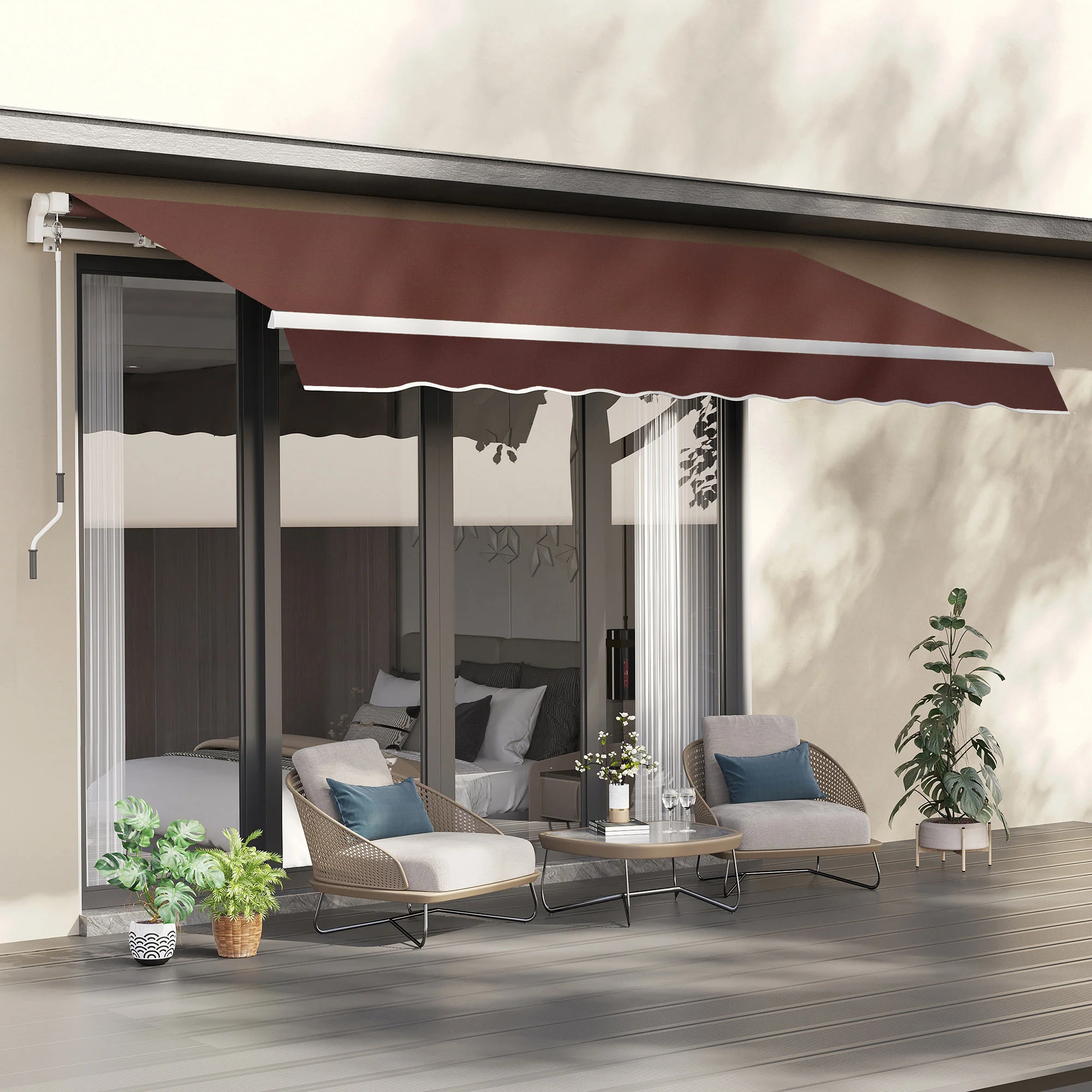 12' x 8' Retractable Patio Awning with Manual Crank, UV & Water-Resistant Fabric and Aluminum Frame, Coffee - Image 3