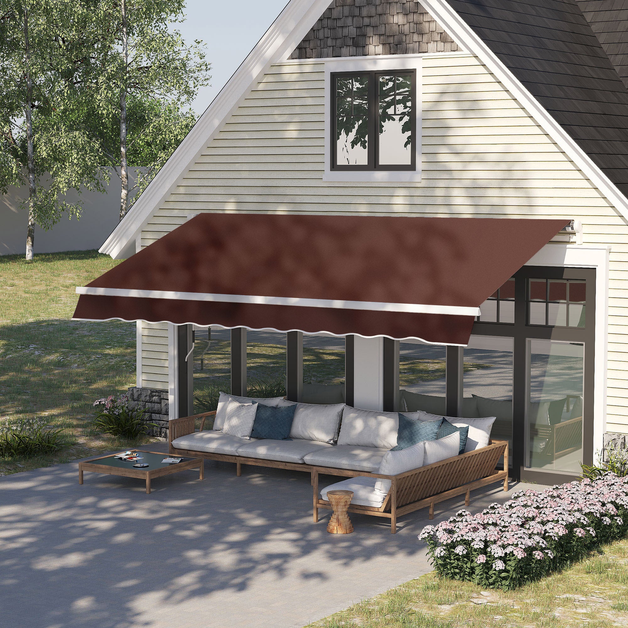 12' x 8' Retractable Patio Awning with Manual Crank, UV & Water-Resistant Fabric and Aluminum Frame, Coffee - Image 4
