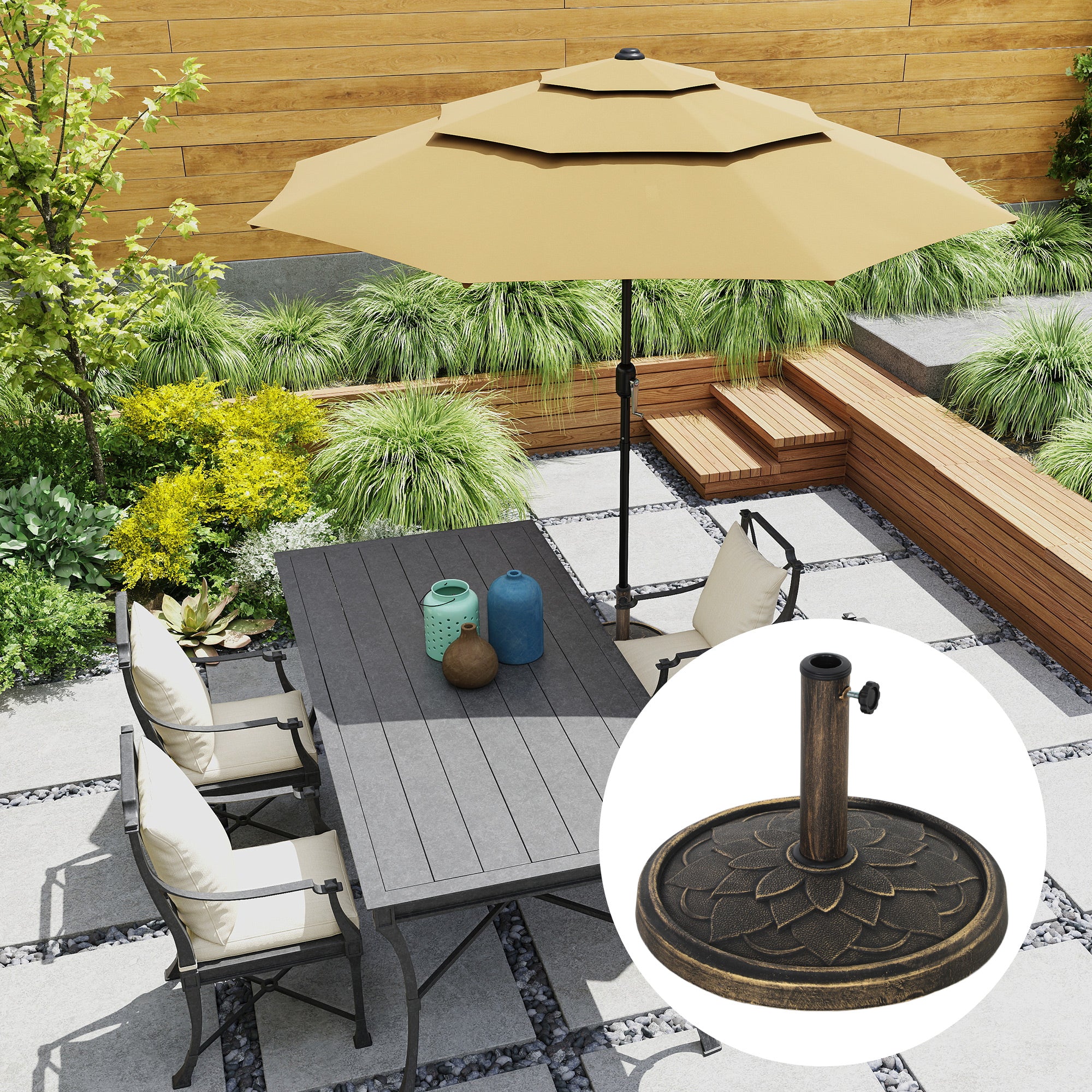 12kg Retro Lotus Flower Design Garden Parasol Base for 32, 38, 48 mm Poles, Bronze Tone - Image 4