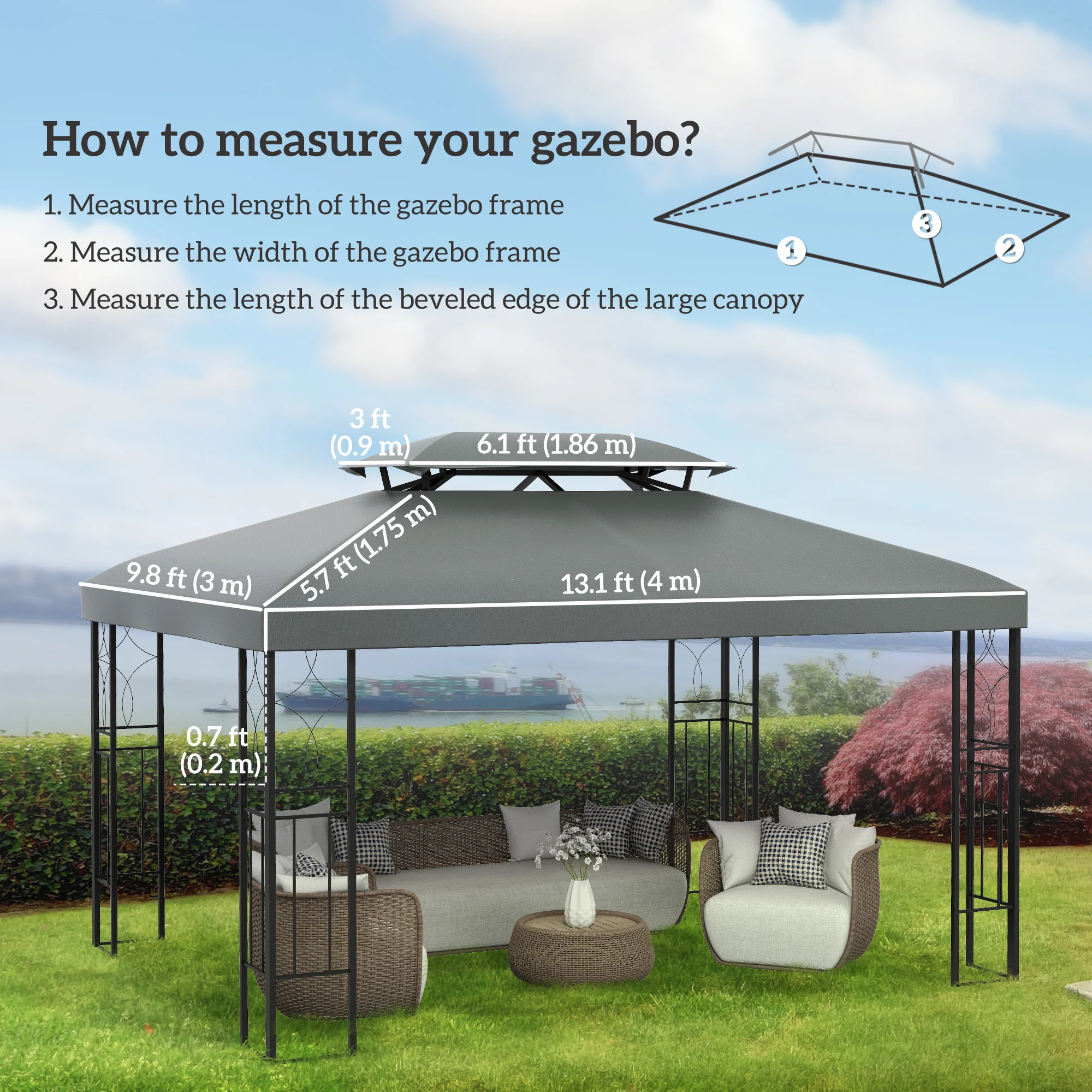 13.1' x 9.8' 2-Tier Gazebo Replacement Canopy (Top Only), Deep Grey - Image 5