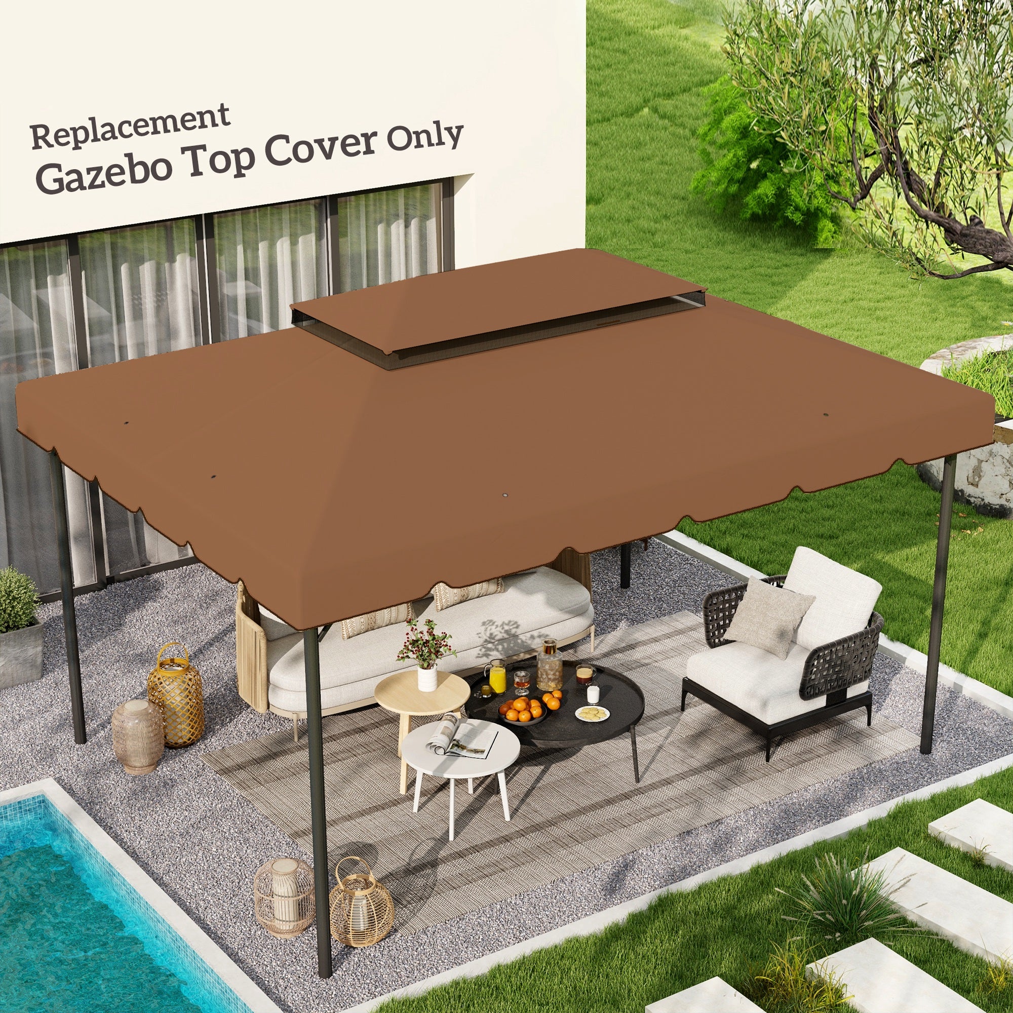 13.1' x 9.10' Gazebo Replacement Canopy with Double Vented Roof, TOP ONLY, Coffee - Image 3