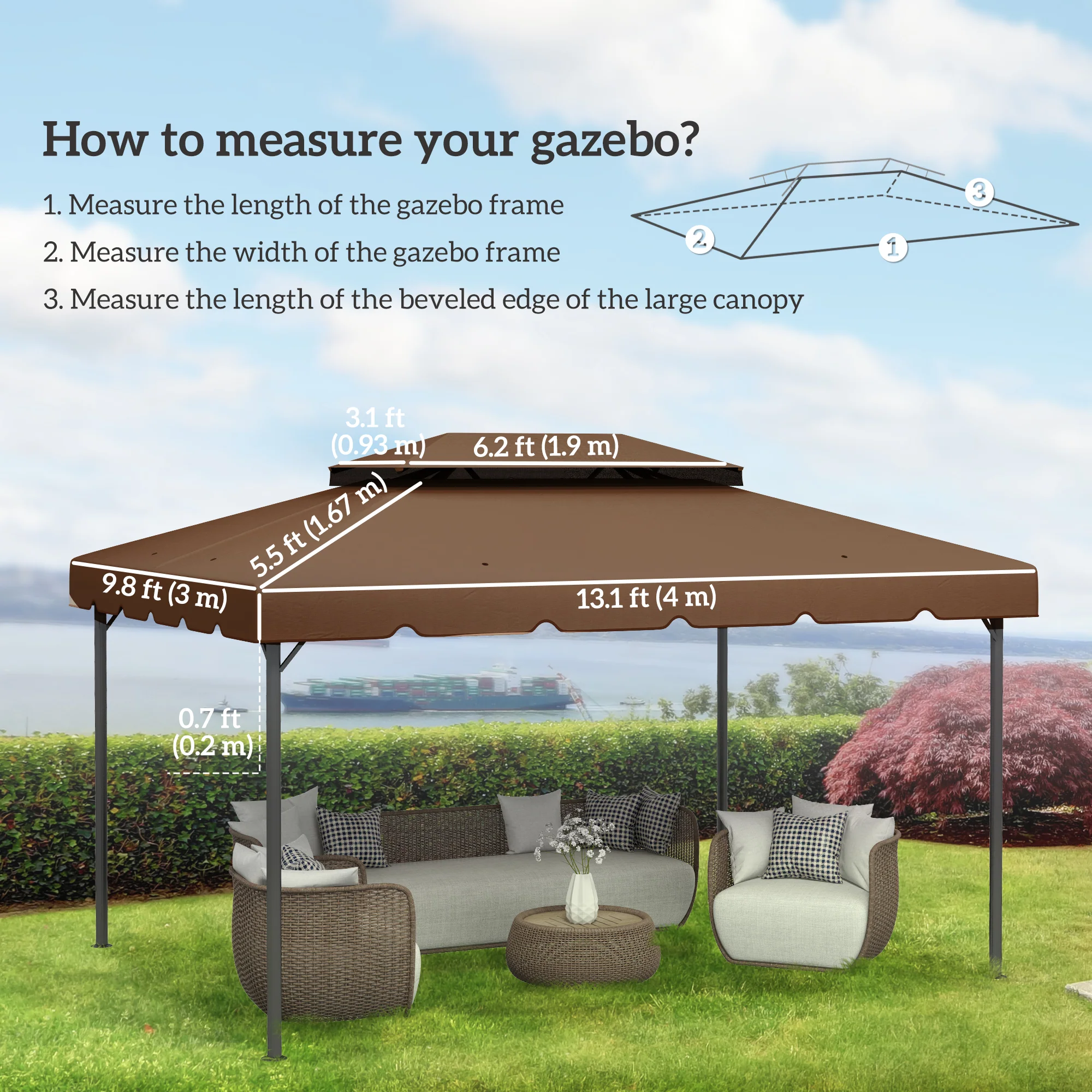 13.1' x 9.10' Gazebo Replacement Canopy with Double Vented Roof, TOP ONLY, Coffee - Image 5