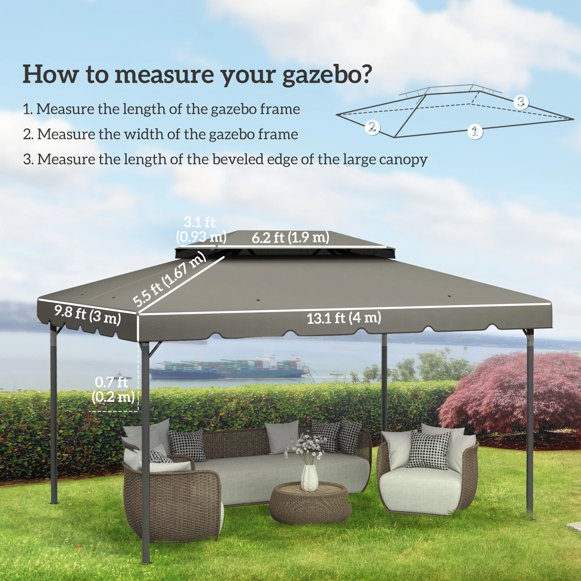 13.1' x 9.8' Gazebo Replacement Canopy with Double Vented Roof, TOP ONLY, Grey - Image 5