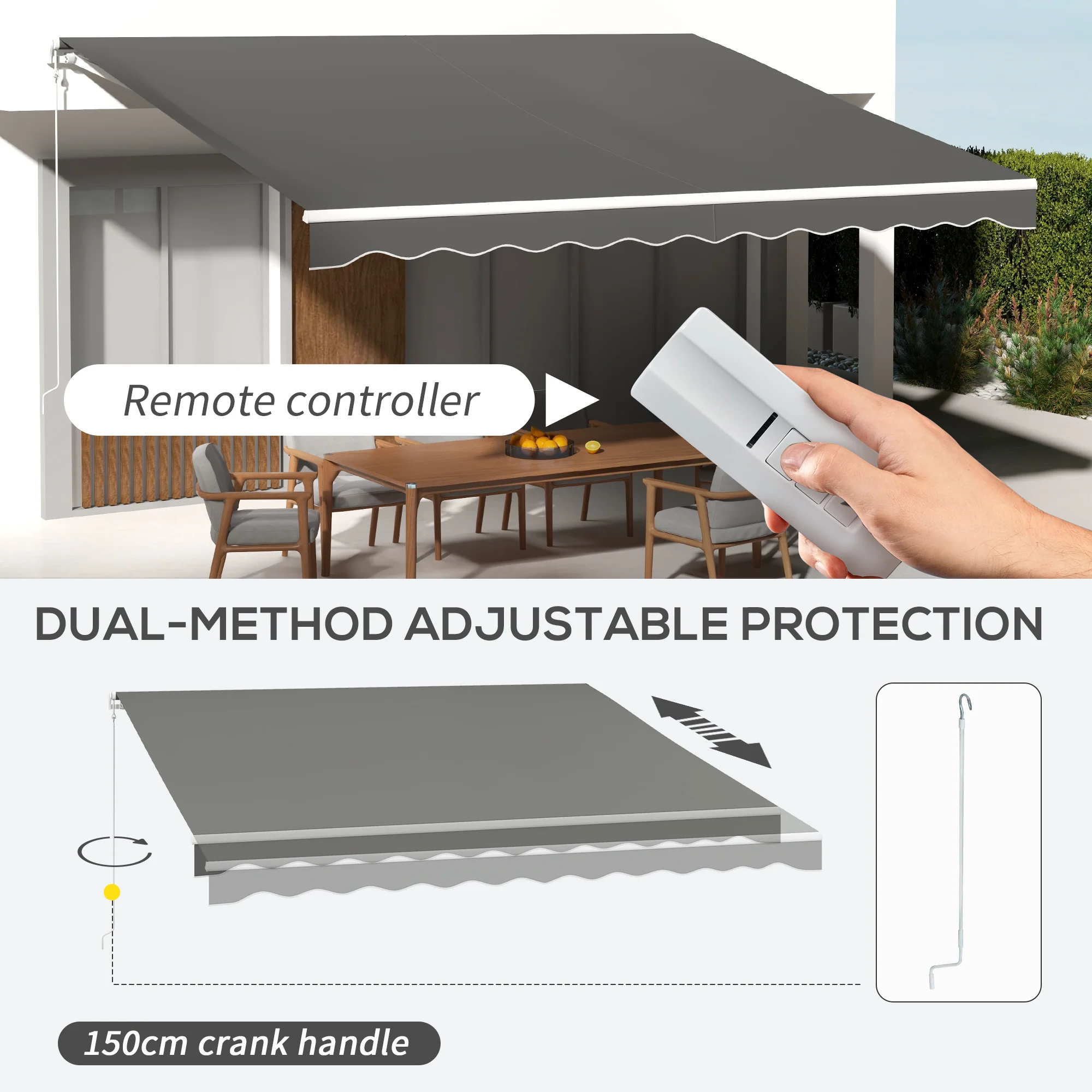 13' x 10' Electric Retractable Awning with Remote Control & Manual Crank Handle, Light Grey - Image 6