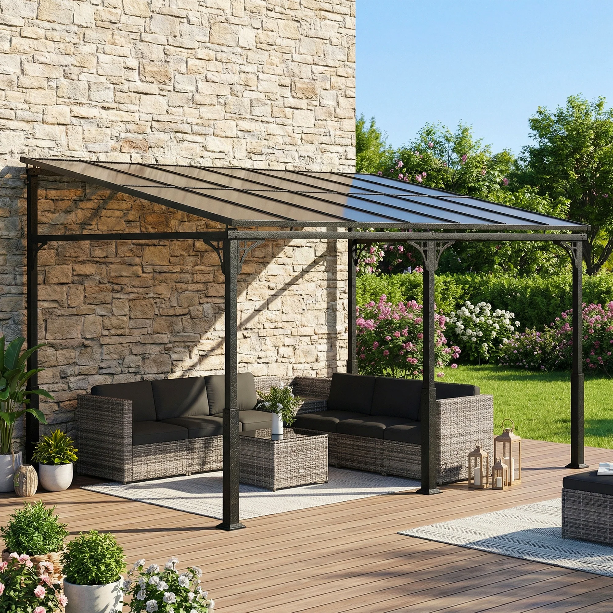 13' x 10' Lean-to Gazebo with Polycarbonate Roof, Brown - Image 4