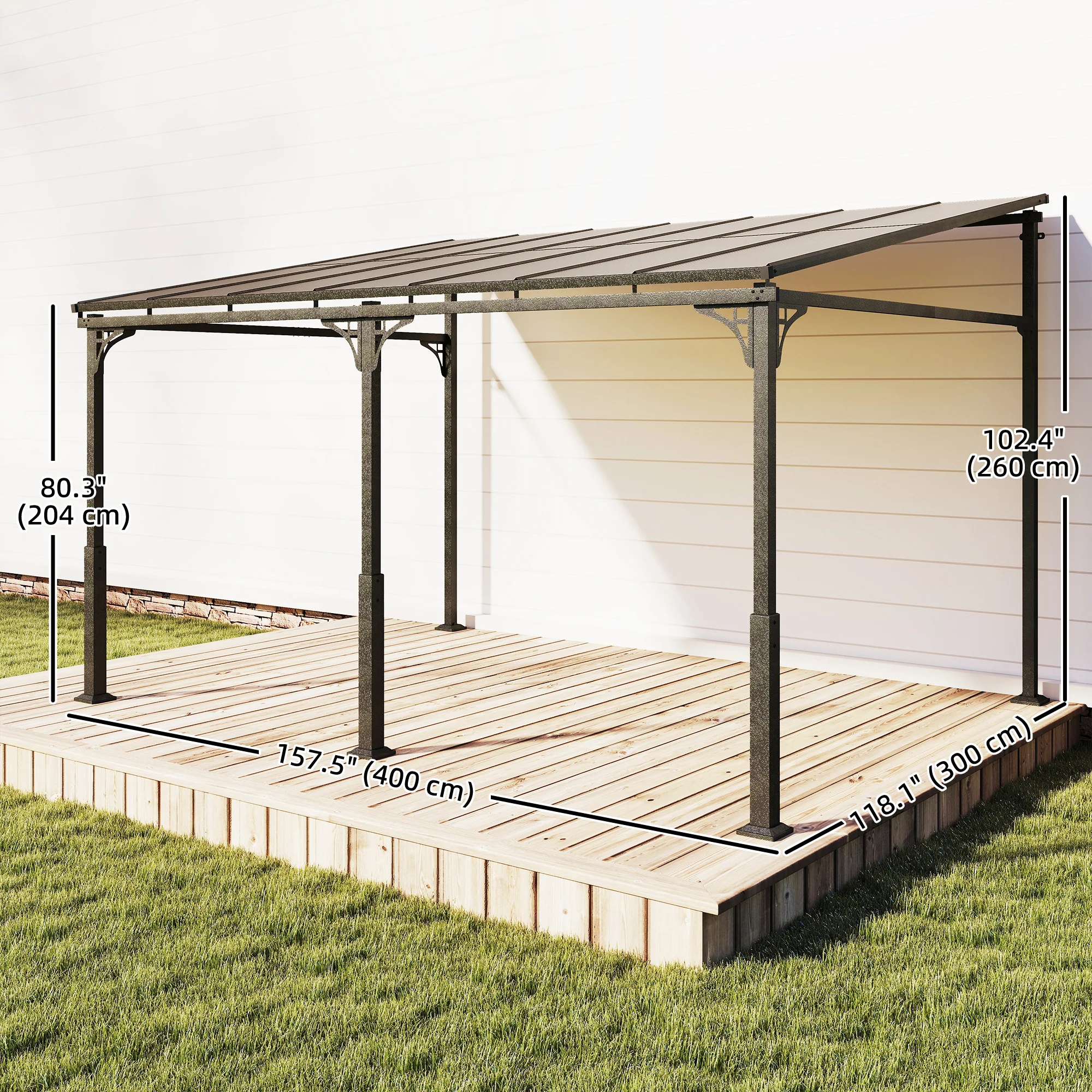13' x 10' Lean-to Gazebo with Polycarbonate Roof, Brown - Image 5