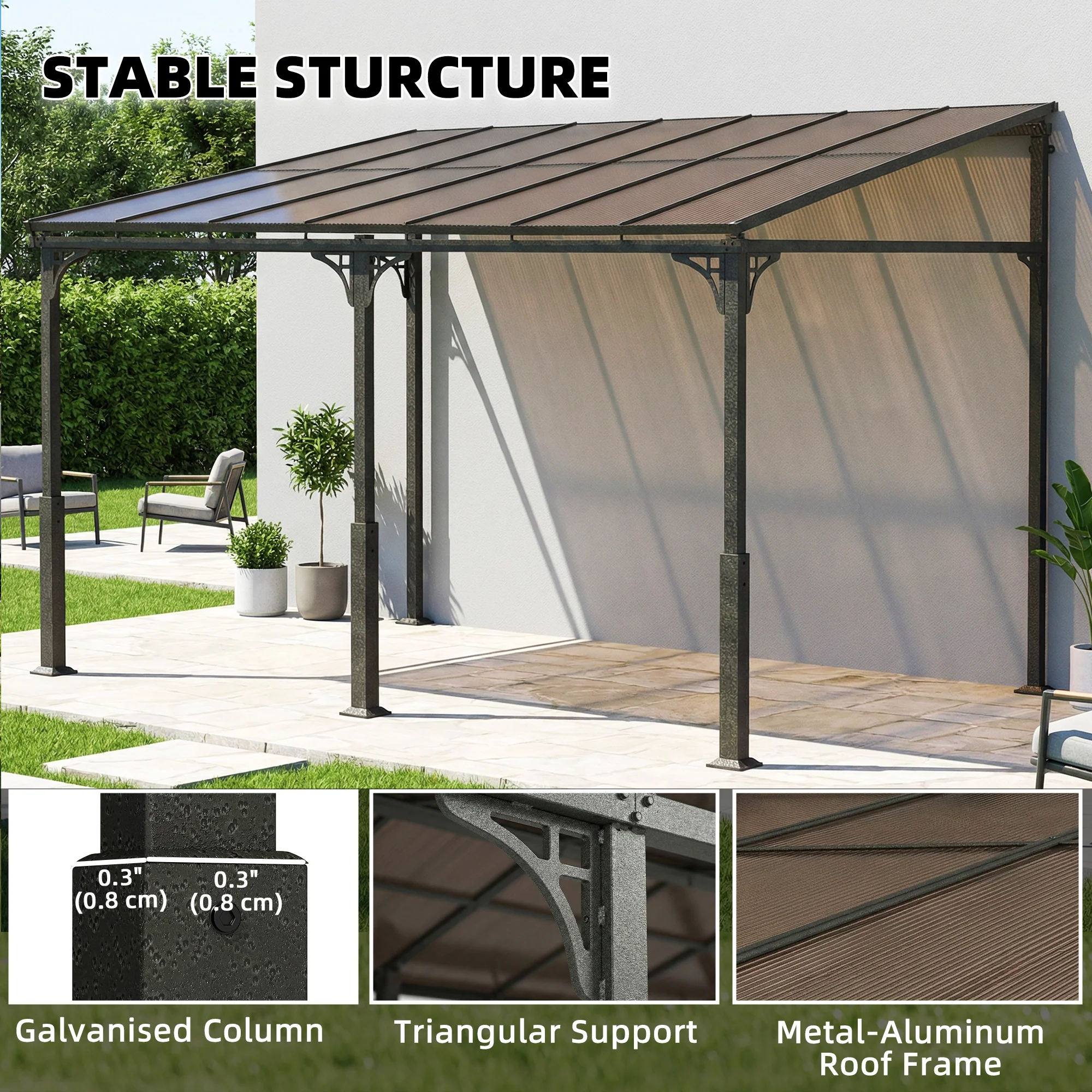 13' x 10' Lean-to Gazebo with Polycarbonate Roof, Brown - Image 9