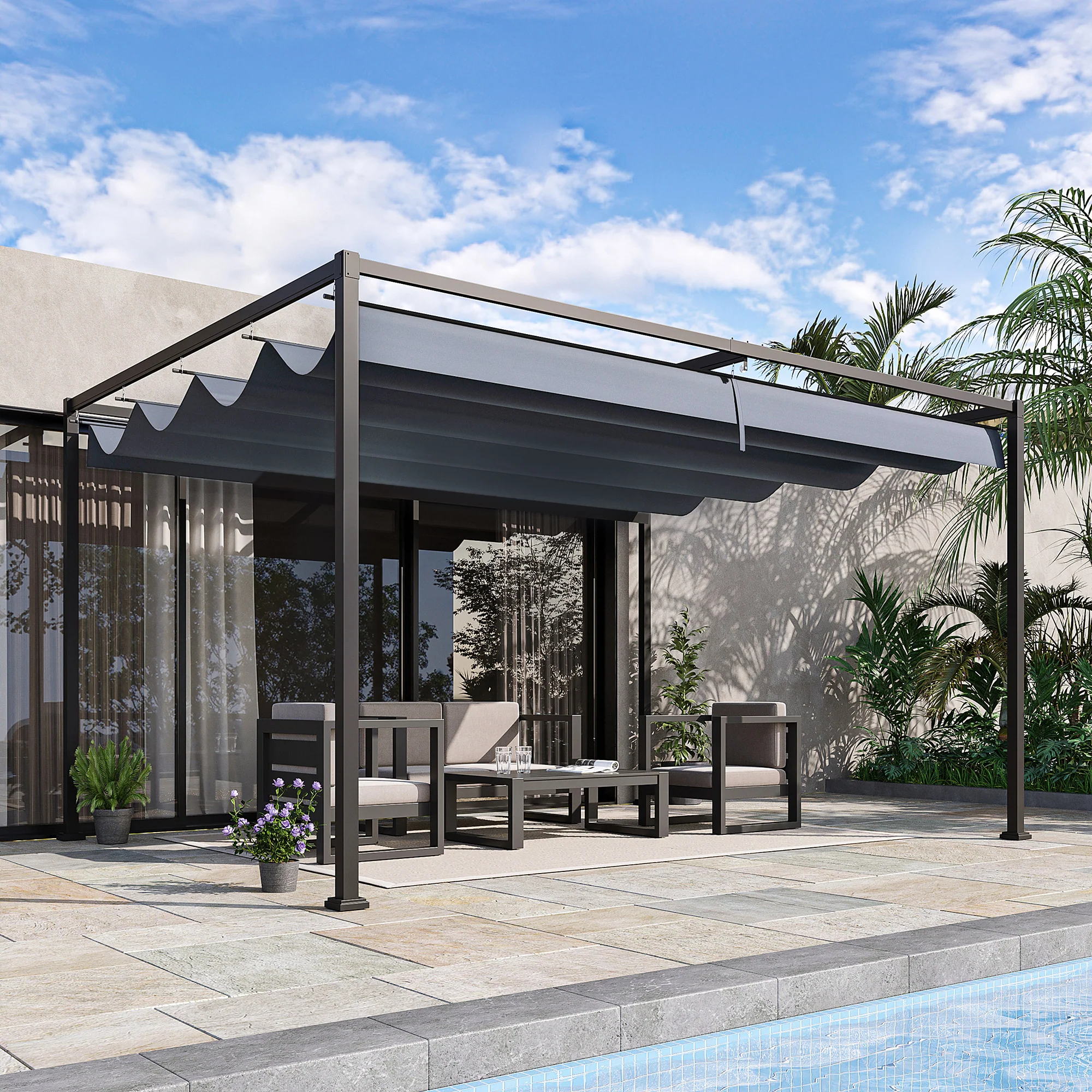 13' x 10' Retractable Pergola Canopy, Outdoor Sun Shade, Dark Grey - Image 3